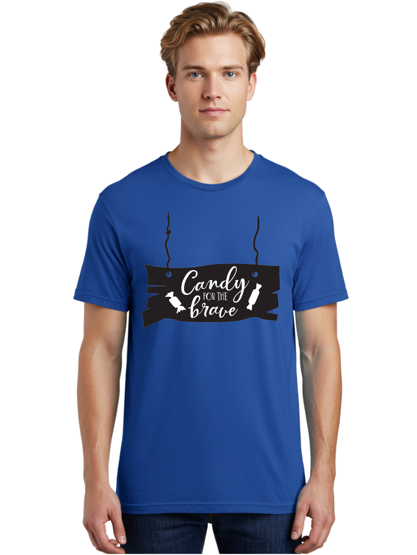 Candy-For-The-Brave Men'S Graphic Tee, 100% Cotton, Comfortable Casual Summer Wear, Machine Washable, Halloween Candy, Trick Or Treat, Spooky Decorations, White Cursive Text, Ghost And Candy Illustration, Black Wooden Sign, Horror Theme, Aac567