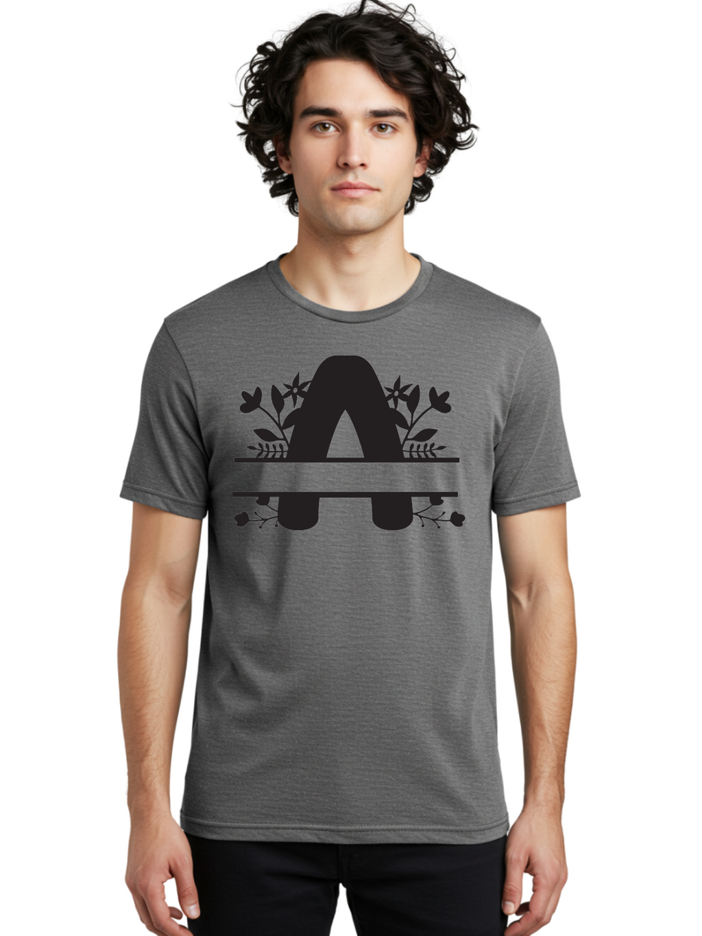 Capital-Letter-A Men'S Graphic Tee, 100% Cotton, Comfortable Casual Summer Wear, Machine Washable, Letter A, Floral Designs, Botanical Elements, Leaves, Flowers, Black Silhouette, Elegant Typography, Decorative Accents, Minimalist Style, Aac568