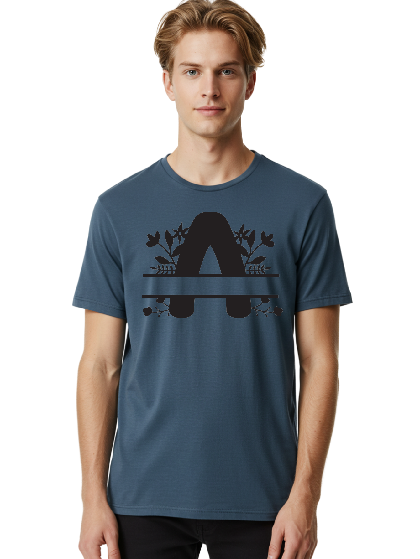 Capital-Letter-A Men'S Graphic Tee, 100% Cotton, Comfortable Casual Summer Wear, Machine Washable, Letter A, Floral Designs, Botanical Elements, Leaves, Flowers, Black Silhouette, Elegant Typography, Decorative Accents, Minimalist Style, Aac568