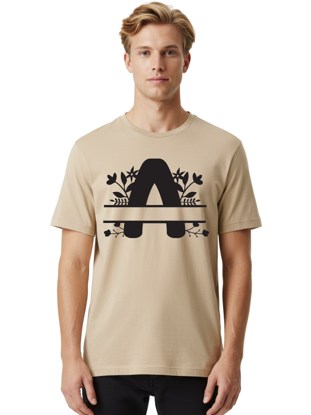 Capital-Letter-A Men'S Graphic Tee, 100% Cotton, Comfortable Casual Summer Wear, Machine Washable, Letter A, Floral Designs, Botanical Elements, Leaves, Flowers, Black Silhouette, Elegant Typography, Decorative Accents, Minimalist Style, Aac568
