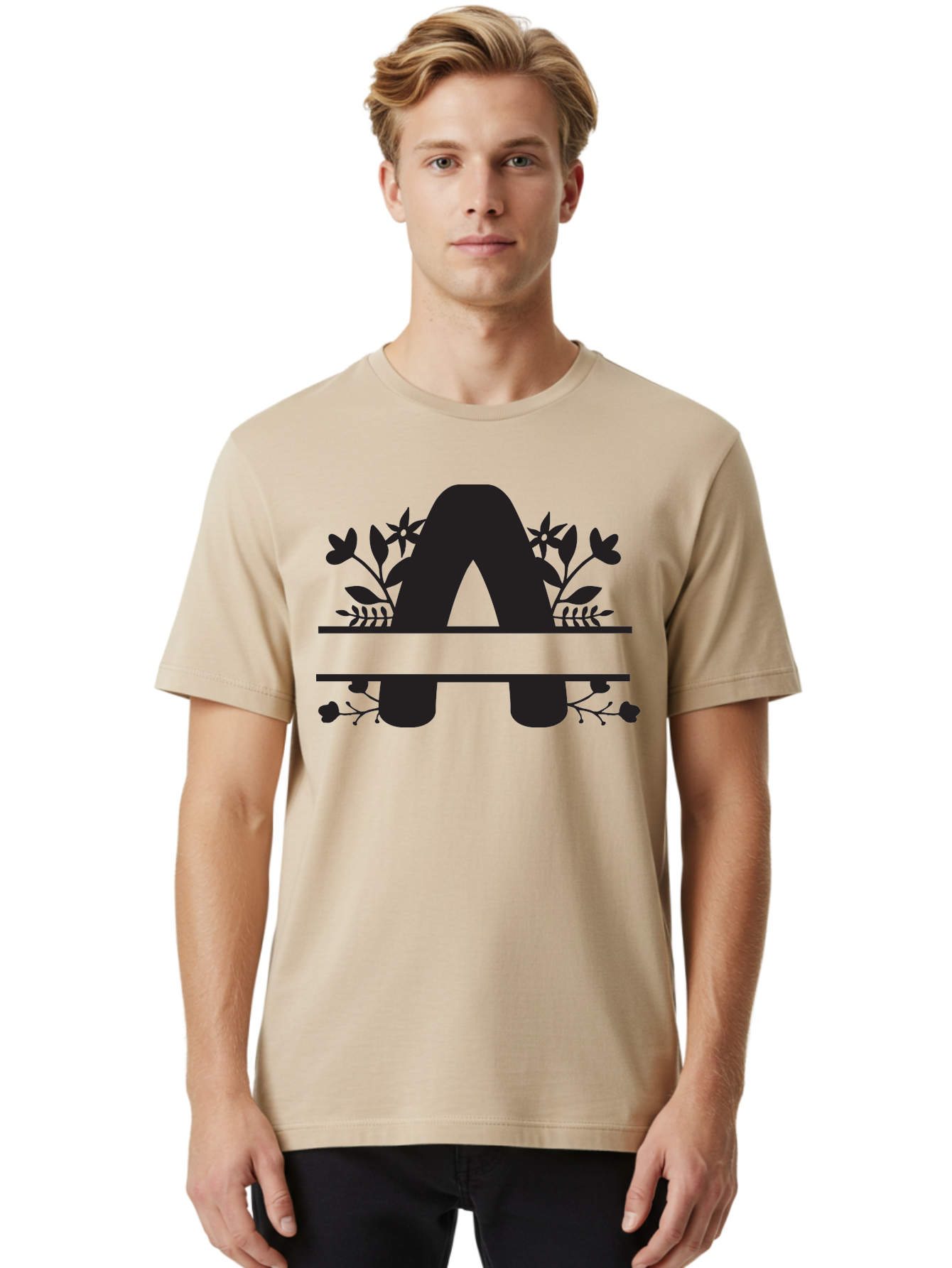 Capital-Letter-A Men'S Graphic Tee, 100% Cotton, Comfortable Casual Summer Wear, Machine Washable, Letter A, Floral Designs, Botanical Elements, Leaves, Flowers, Black Silhouette, Elegant Typography, Decorative Accents, Minimalist Style, Aac568