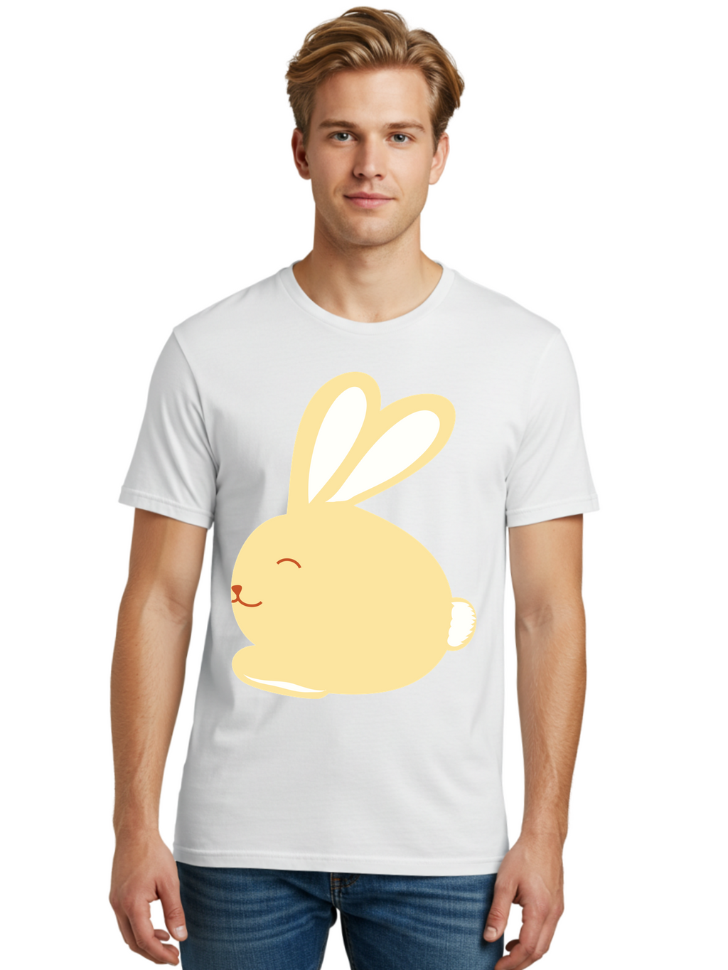 Cartoon-Bunny Men'S Graphic Tee, 100% Cotton, Comfortable Casual Summer Wear, Machine Washable, Cute Rabbit, Cartoon Character, Yellow Bunny, Fluffy Animal, Adorable Creature, Sweet Face, Kawaii Art Aac570