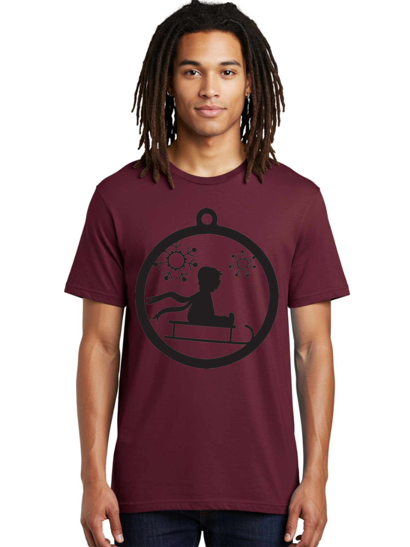 Child-On-Sled Men'S Graphic Tee, 100% Cotton, Comfortable Casual Summer Wear, Machine Washable, Child On Sled, Winter Fun, Snowflake Decorations, Festive Ornaments, Holiday Cheer, Black Silhouette, Christmas Theme, Winter Scenery Aac574