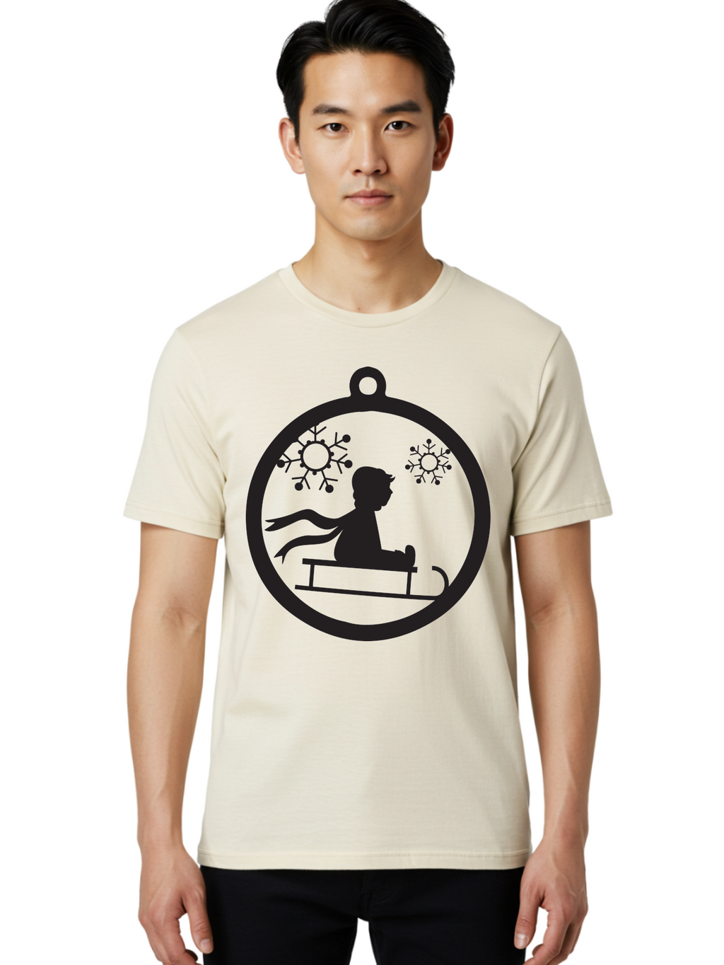 Child-On-Sled Men'S Graphic Tee, 100% Cotton, Comfortable Casual Summer Wear, Machine Washable, Child On Sled, Winter Fun, Snowflake Decorations, Festive Ornaments, Holiday Cheer, Black Silhouette, Christmas Theme, Winter Scenery Aac574