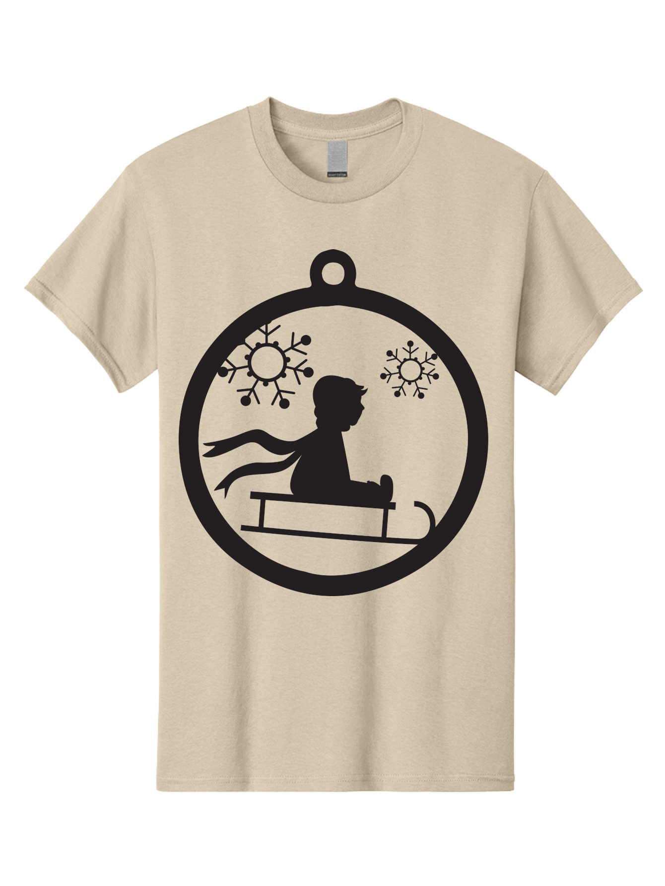 Child-On-Sled Men'S Graphic Tee, 100% Cotton, Comfortable Casual Summer Wear, Machine Washable, Child On Sled, Winter Fun, Snowflake Decorations, Festive Ornaments, Holiday Cheer, Black Silhouette, Christmas Theme, Winter Scenery Aac574
