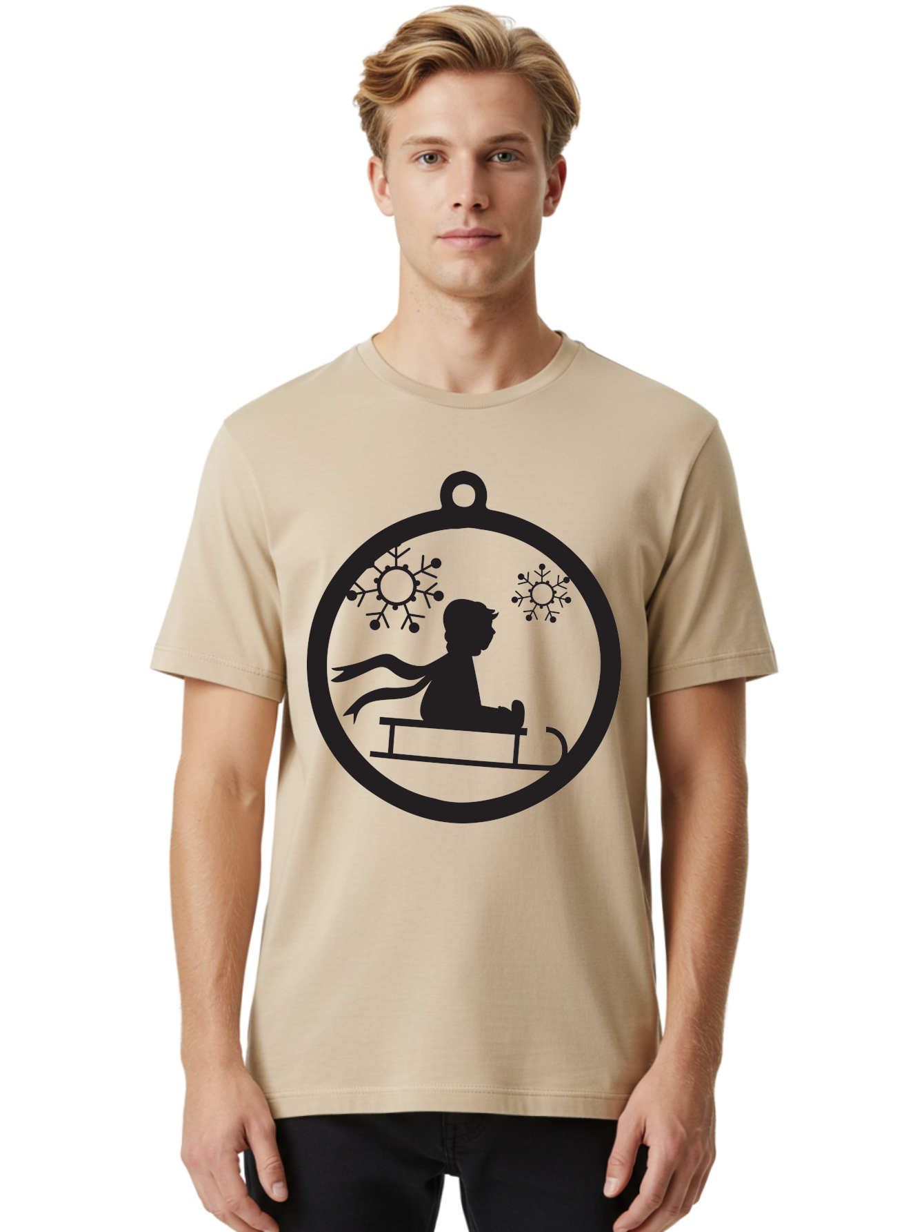 Child-On-Sled Men'S Graphic Tee, 100% Cotton, Comfortable Casual Summer Wear, Machine Washable, Child On Sled, Winter Fun, Snowflake Decorations, Festive Ornaments, Holiday Cheer, Black Silhouette, Christmas Theme, Winter Scenery Aac574