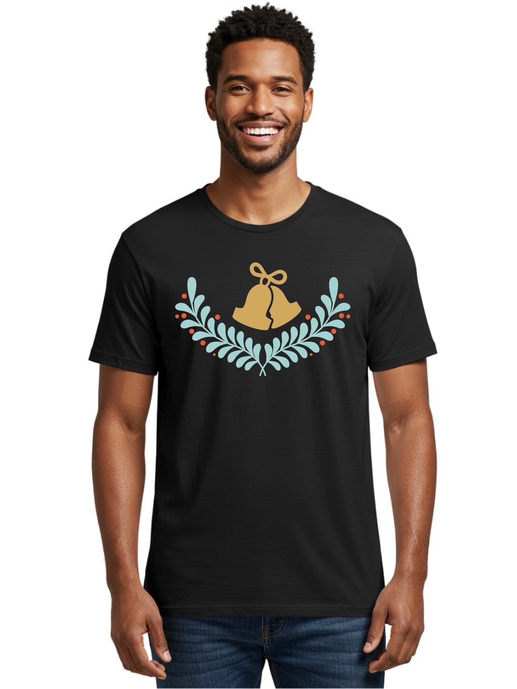 Christmas-Bells-1 Men'S Graphic Tee, 100% Cotton, Comfortable Casual Summer Wear, Machine Washable, Christmas Bells, Festive Wreath, Holiday Decorations, Orange Bells, White Leaves, Red Berries, Seasonal Decor, Winter Wonderland, Holiday Cheer Aac577