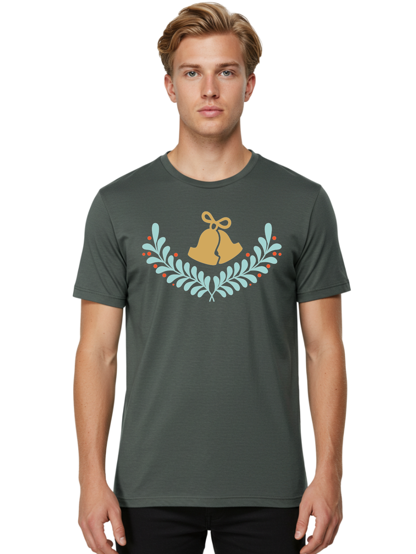 Christmas-Bells-1 Men'S Graphic Tee, 100% Cotton, Comfortable Casual Summer Wear, Machine Washable, Christmas Bells, Festive Wreath, Holiday Decorations, Orange Bells, White Leaves, Red Berries, Seasonal Decor, Winter Wonderland, Holiday Cheer Aac577