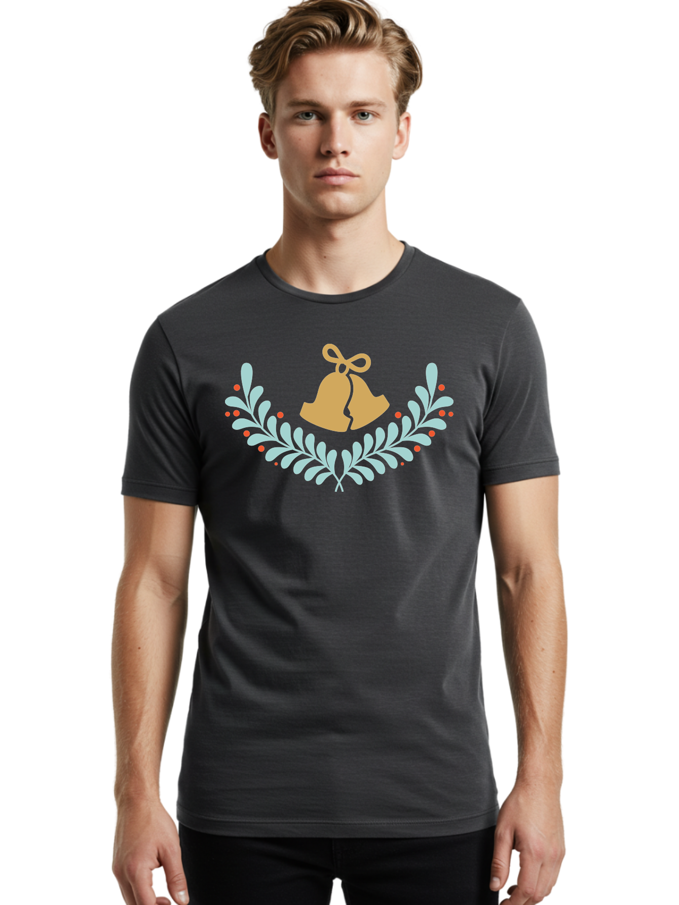 Christmas-Bells-1 Men'S Graphic Tee, 100% Cotton, Comfortable Casual Summer Wear, Machine Washable, Christmas Bells, Festive Wreath, Holiday Decorations, Orange Bells, White Leaves, Red Berries, Seasonal Decor, Winter Wonderland, Holiday Cheer Aac577
