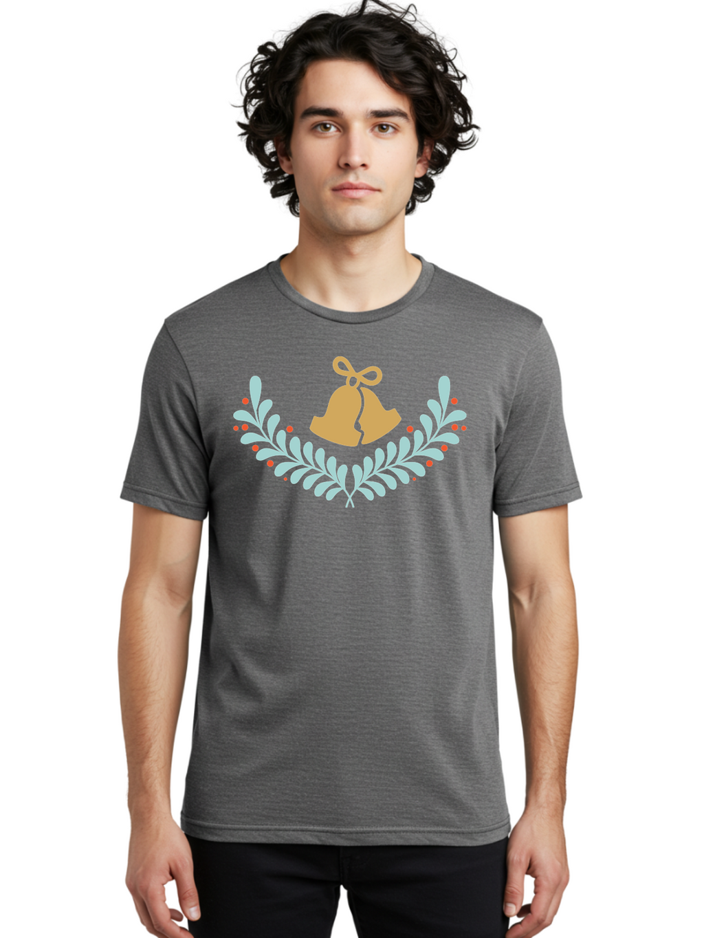 Christmas-Bells-1 Men'S Graphic Tee, 100% Cotton, Comfortable Casual Summer Wear, Machine Washable, Christmas Bells, Festive Wreath, Holiday Decorations, Orange Bells, White Leaves, Red Berries, Seasonal Decor, Winter Wonderland, Holiday Cheer Aac577