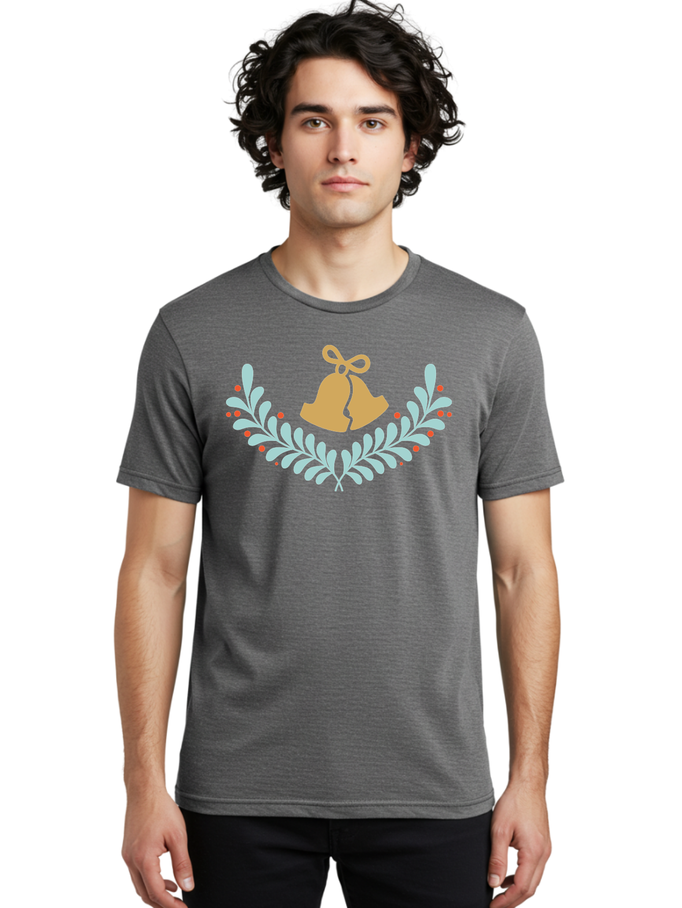 Christmas-Bells-1 Men'S Graphic Tee, 100% Cotton, Comfortable Casual Summer Wear, Machine Washable, Christmas Bells, Festive Wreath, Holiday Decorations, Orange Bells, White Leaves, Red Berries, Seasonal Decor, Winter Wonderland, Holiday Cheer Aac577