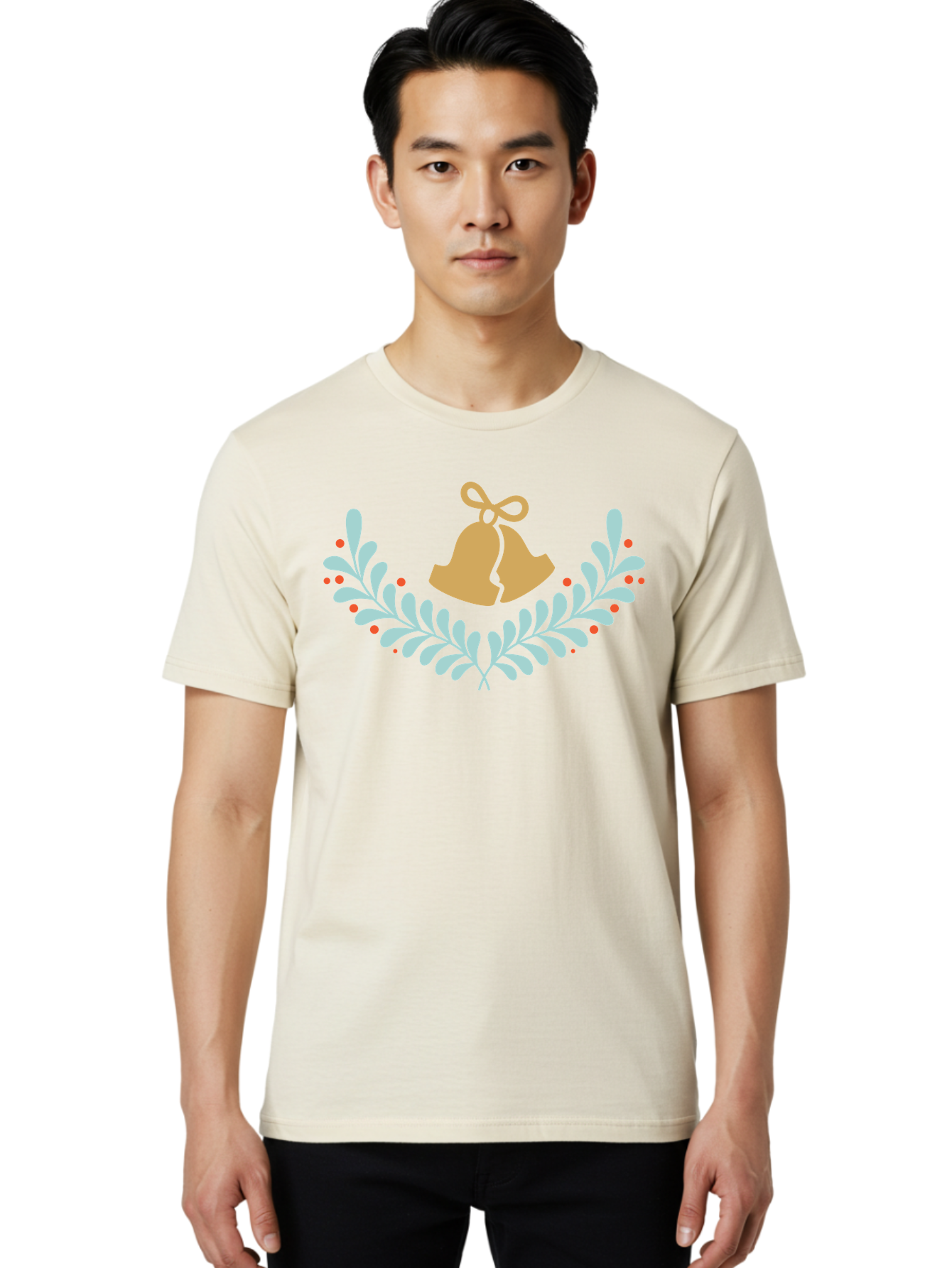 Christmas-Bells-1 Men'S Graphic Tee, 100% Cotton, Comfortable Casual Summer Wear, Machine Washable, Christmas Bells, Festive Wreath, Holiday Decorations, Orange Bells, White Leaves, Red Berries, Seasonal Decor, Winter Wonderland, Holiday Cheer Aac577