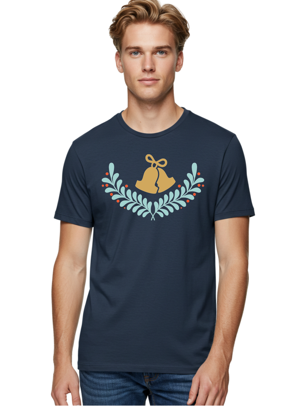 Christmas-Bells-1 Men'S Graphic Tee, 100% Cotton, Comfortable Casual Summer Wear, Machine Washable, Christmas Bells, Festive Wreath, Holiday Decorations, Orange Bells, White Leaves, Red Berries, Seasonal Decor, Winter Wonderland, Holiday Cheer Aac577
