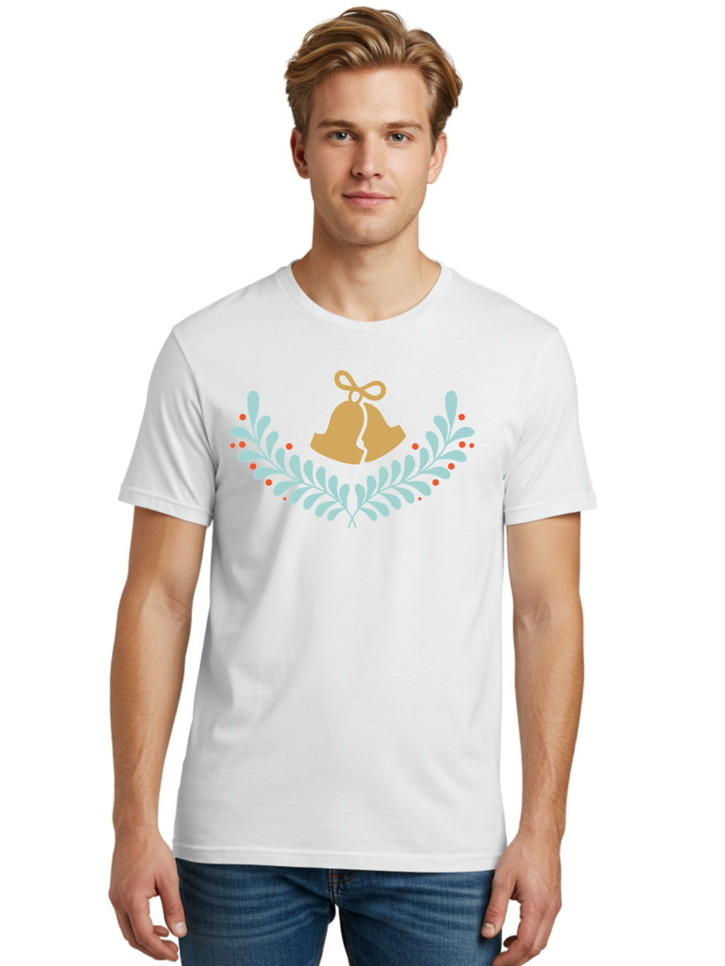 Christmas-Bells-1 Men'S Graphic Tee, 100% Cotton, Comfortable Casual Summer Wear, Machine Washable, Christmas Bells, Festive Wreath, Holiday Decorations, Orange Bells, White Leaves, Red Berries, Seasonal Decor, Winter Wonderland, Holiday Cheer Aac577
