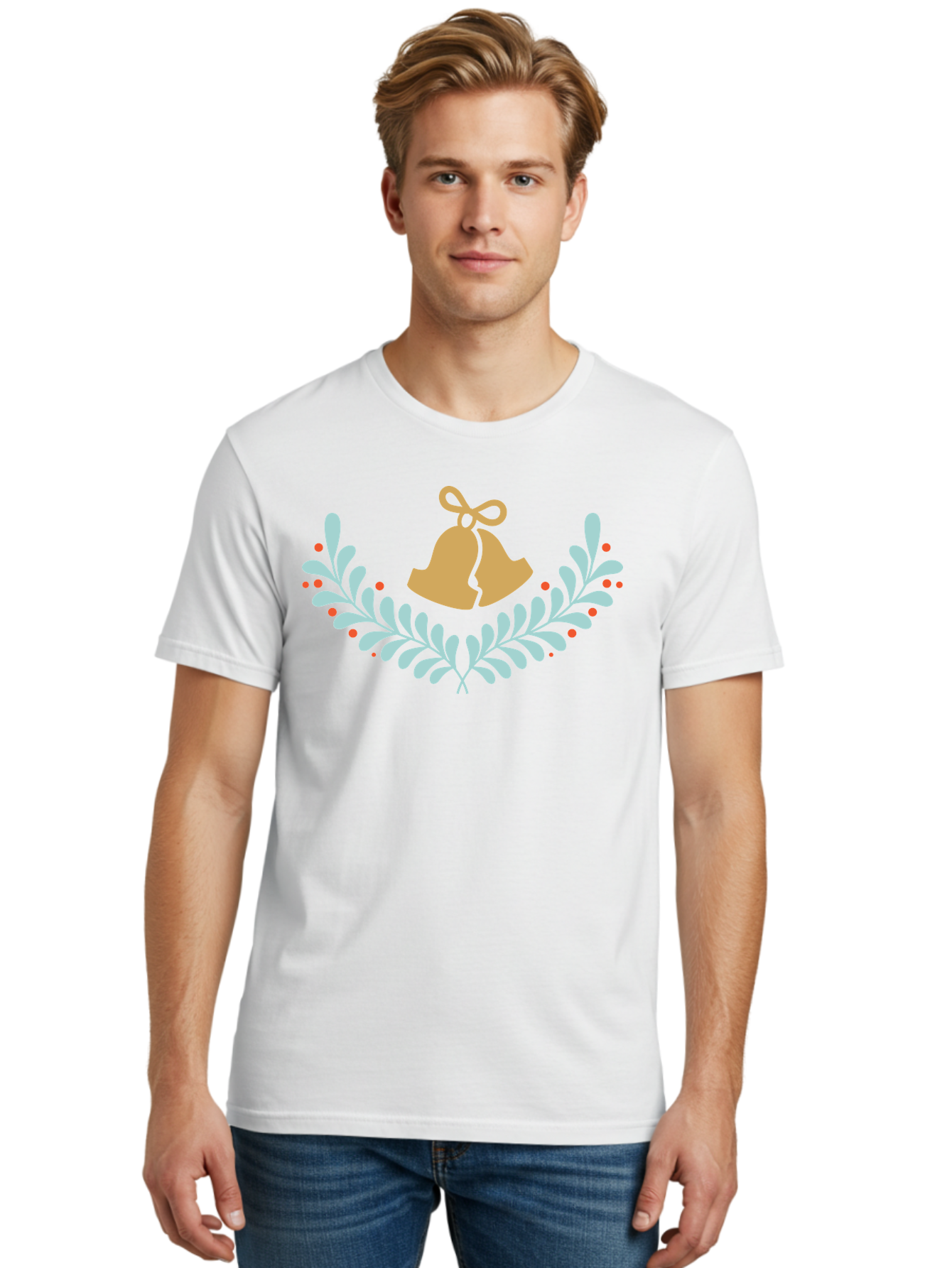 Christmas-Bells-1 Men'S Graphic Tee, 100% Cotton, Comfortable Casual Summer Wear, Machine Washable, Christmas Bells, Festive Wreath, Holiday Decorations, Orange Bells, White Leaves, Red Berries, Seasonal Decor, Winter Wonderland, Holiday Cheer Aac577