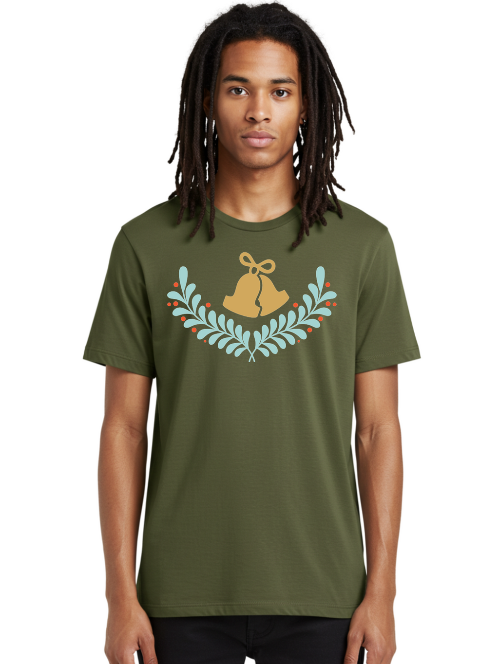 Christmas-Bells Men'S Graphic Tee, 100% Cotton, Comfortable Casual Summer Wear, Machine Washable, Christmas Bells, Holly Leaves, Festive Decorations, Holiday Symbols, Christmas Ornaments, Golden Bells, Red Berries Aac578