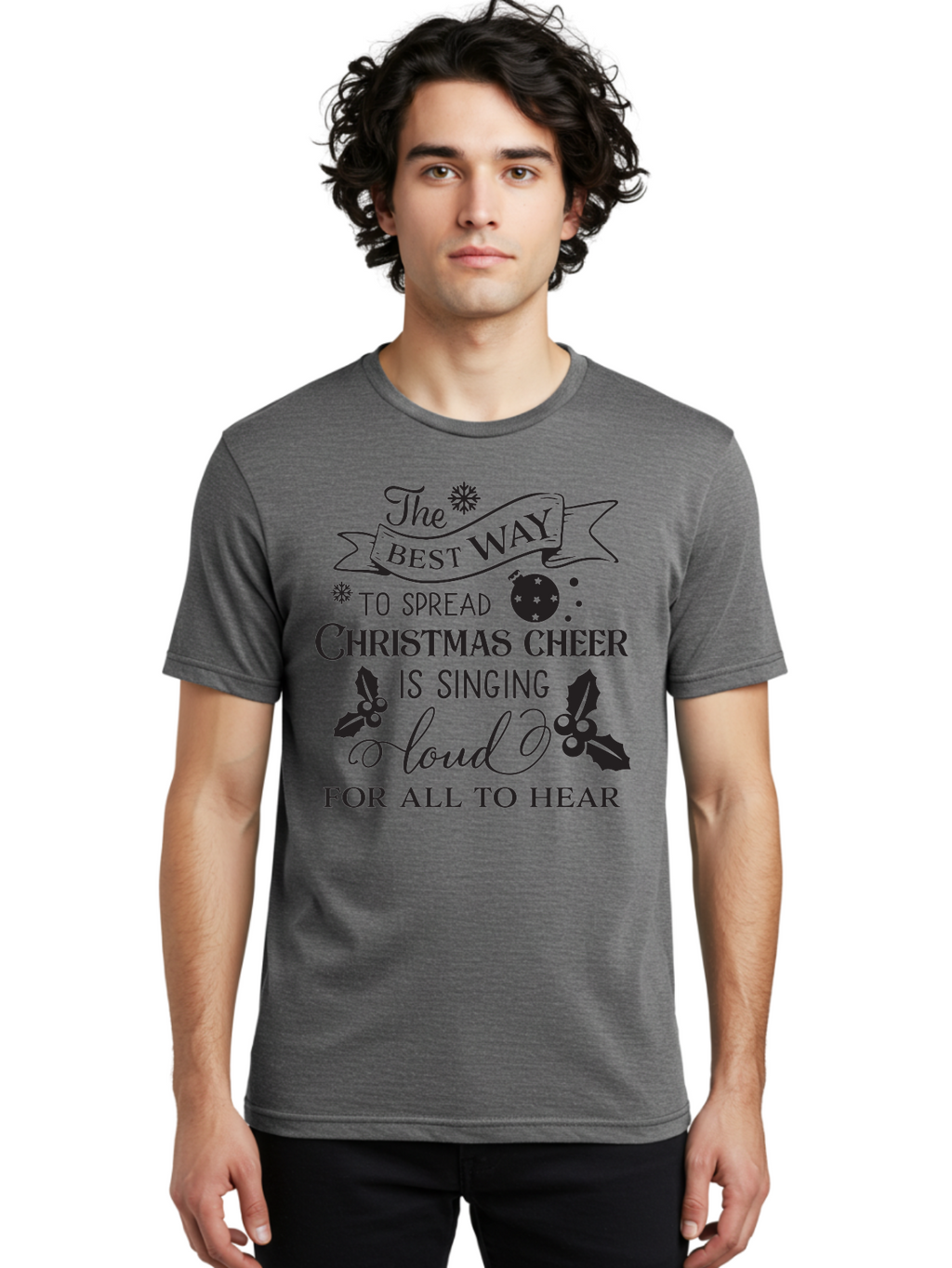 Christmas-Cheer-Quote Men'S Graphic Tee, 100% Cotton, Comfortable Casual Summer Wear, Machine Washable, Christmas Quote, Holiday Cheer, Festive Decor, Black Typography, Christmas Ornament, Holly Leaves, Banner Design, Joyful Message, Aac579