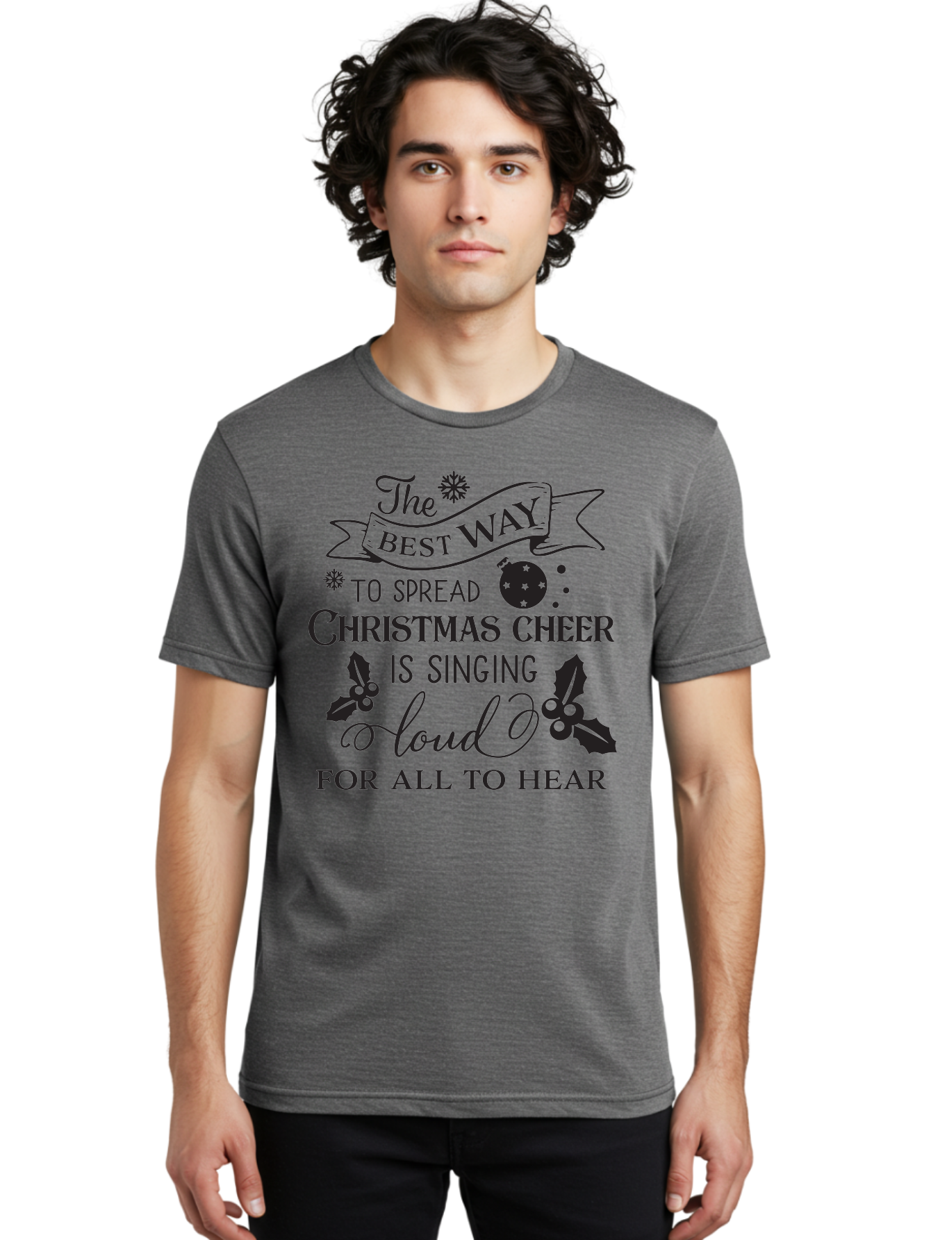 Christmas-Cheer-Quote Men'S Graphic Tee, 100% Cotton, Comfortable Casual Summer Wear, Machine Washable, Christmas Quote, Holiday Cheer, Festive Decor, Black Typography, Christmas Ornament, Holly Leaves, Banner Design, Joyful Message, Aac579