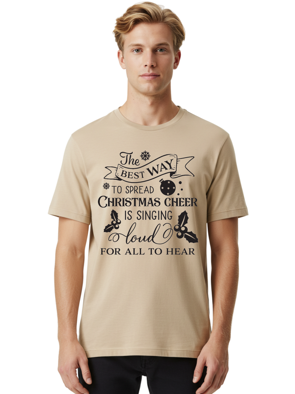 Christmas-Cheer-Quote Men'S Graphic Tee, 100% Cotton, Comfortable Casual Summer Wear, Machine Washable, Christmas Quote, Holiday Cheer, Festive Decor, Black Typography, Christmas Ornament, Holly Leaves, Banner Design, Joyful Message, Aac579