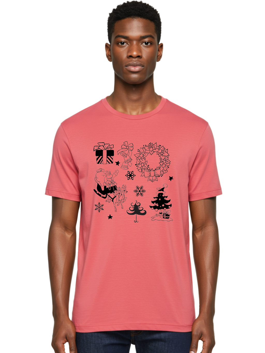 Christmas-Elements Men'S Graphic Tee, 100% Cotton, Comfortable Casual Summer Wear, Machine Washable, Santa Claus, Reindeer, Christmas Tree, Wreath, Gifts, Bows, Snowflakes, Stars, Festive Decorations, Holiday Graphics, Christmas Illustrations, Aac580