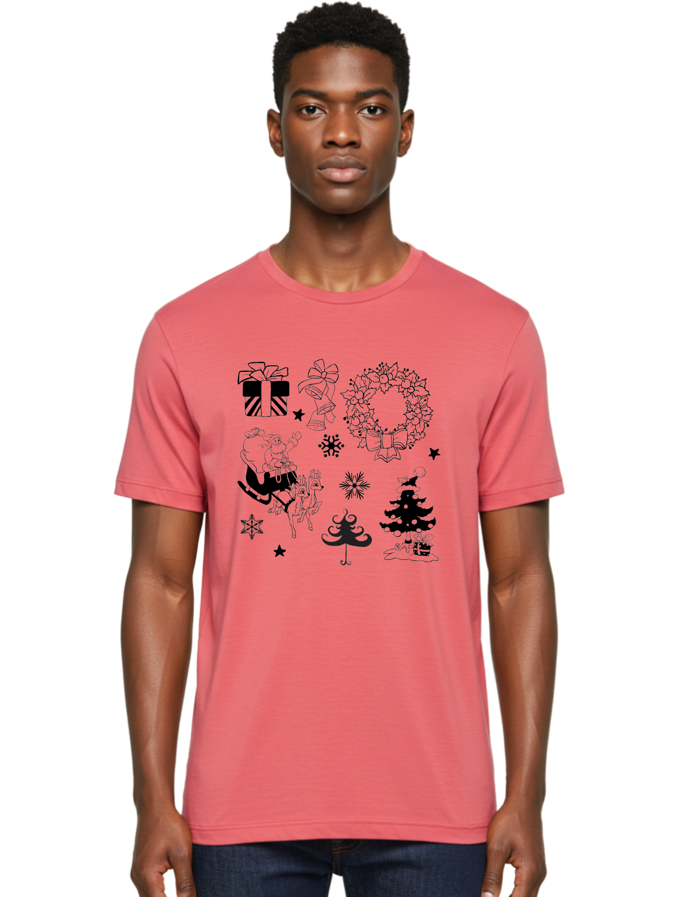 Christmas-Elements Men'S Graphic Tee, 100% Cotton, Comfortable Casual Summer Wear, Machine Washable, Santa Claus, Reindeer, Christmas Tree, Wreath, Gifts, Bows, Snowflakes, Stars, Festive Decorations, Holiday Graphics, Christmas Illustrations, Aac580