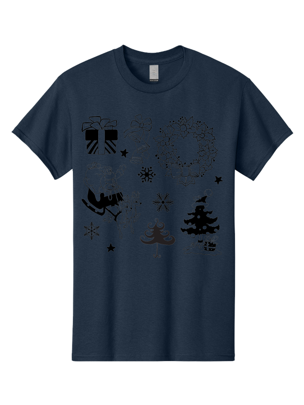 Christmas-Elements Men'S Graphic Tee, 100% Cotton, Comfortable Casual Summer Wear, Machine Washable, Santa Claus, Reindeer, Christmas Tree, Wreath, Gifts, Bows, Snowflakes, Stars, Festive Decorations, Holiday Graphics, Christmas Illustrations, Aac580