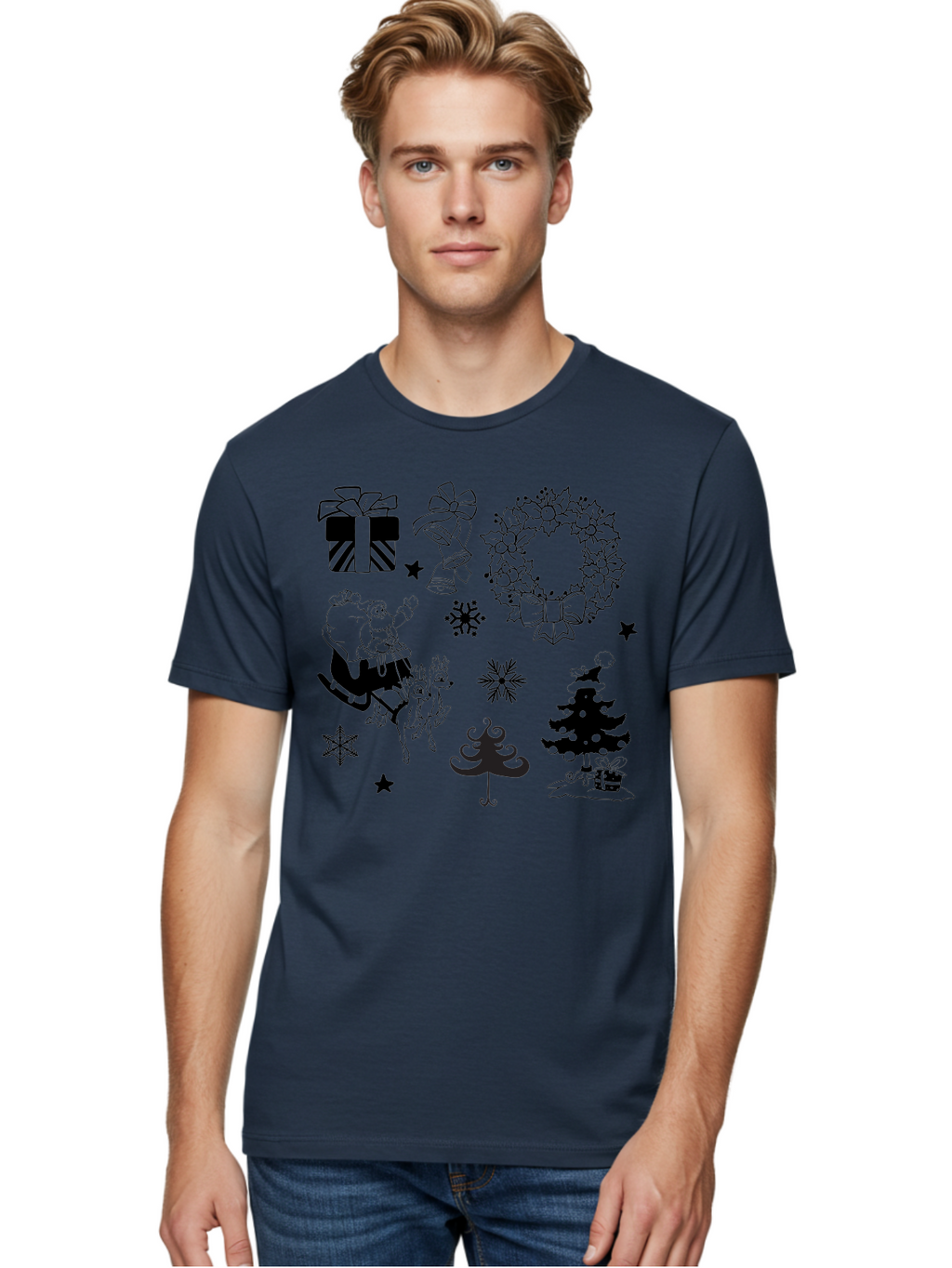 Christmas-Elements Men'S Graphic Tee, 100% Cotton, Comfortable Casual Summer Wear, Machine Washable, Santa Claus, Reindeer, Christmas Tree, Wreath, Gifts, Bows, Snowflakes, Stars, Festive Decorations, Holiday Graphics, Christmas Illustrations, Aac580