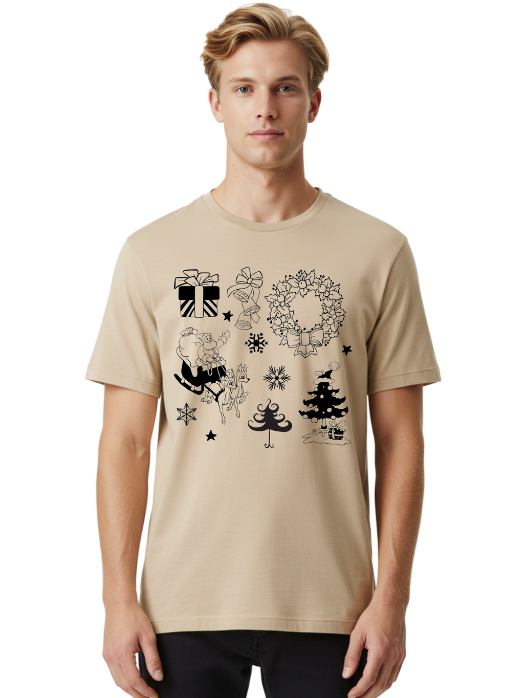 Christmas-Elements Men'S Graphic Tee, 100% Cotton, Comfortable Casual Summer Wear, Machine Washable, Santa Claus, Reindeer, Christmas Tree, Wreath, Gifts, Bows, Snowflakes, Stars, Festive Decorations, Holiday Graphics, Christmas Illustrations, Aac580