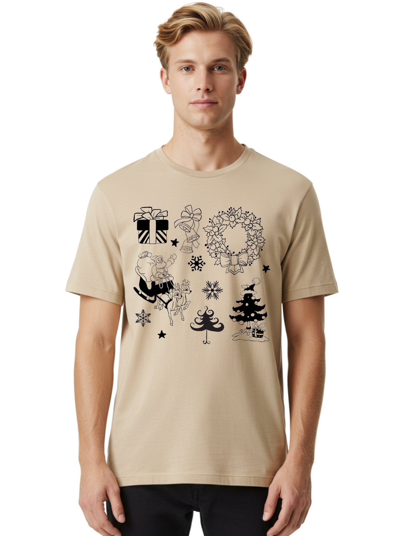 Christmas-Elements Men'S Graphic Tee, 100% Cotton, Comfortable Casual Summer Wear, Machine Washable, Santa Claus, Reindeer, Christmas Tree, Wreath, Gifts, Bows, Snowflakes, Stars, Festive Decorations, Holiday Graphics, Christmas Illustrations, Aac580