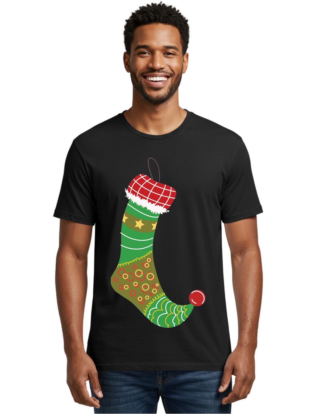 Christmas-Stocking-1 Men'S Graphic Tee, 100% Cotton, Comfortable Casual Summer Wear, Machine Washable, Christmas Stocking, Holiday Decoration, Festive Colors, Red And Green Stripes, Gold Stars, Hanging Ornament, Holly Jolly, Santa Claus, Aac585