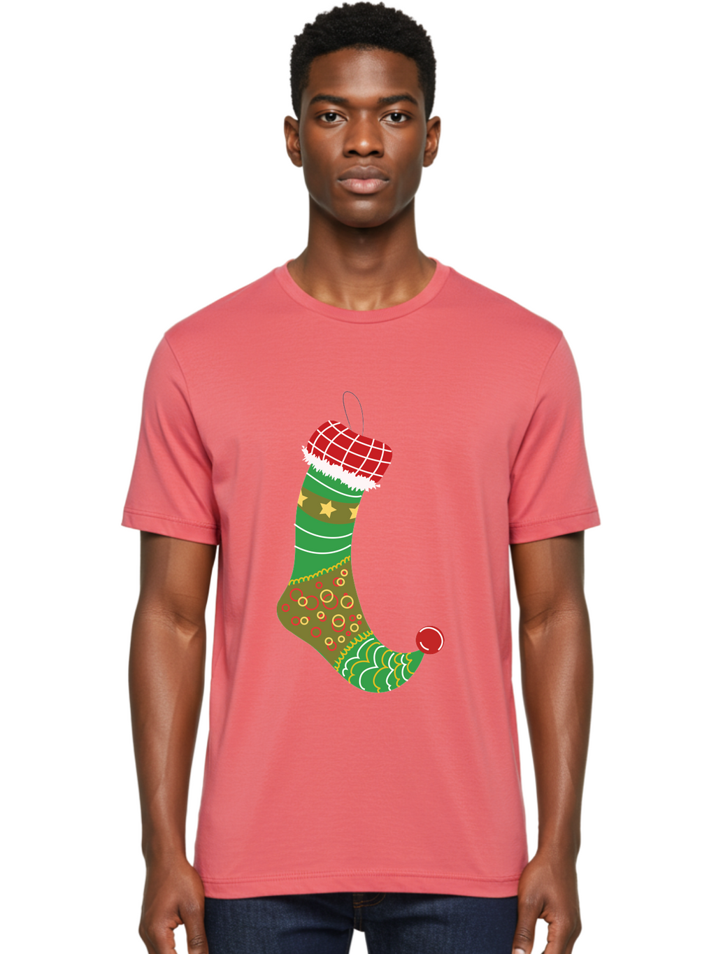 Christmas-Stocking-1 Men'S Graphic Tee, 100% Cotton, Comfortable Casual Summer Wear, Machine Washable, Christmas Stocking, Holiday Decoration, Festive Colors, Red And Green Stripes, Gold Stars, Hanging Ornament, Holly Jolly, Santa Claus, Aac585