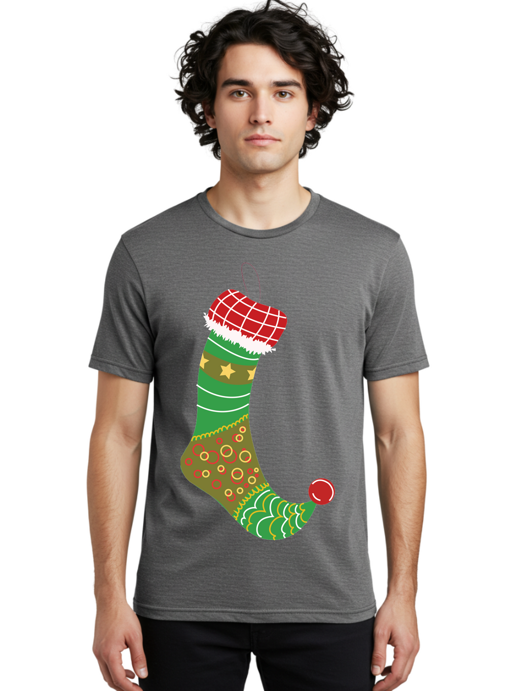 Christmas-Stocking-1 Men'S Graphic Tee, 100% Cotton, Comfortable Casual Summer Wear, Machine Washable, Christmas Stocking, Holiday Decoration, Festive Colors, Red And Green Stripes, Gold Stars, Hanging Ornament, Holly Jolly, Santa Claus, Aac585