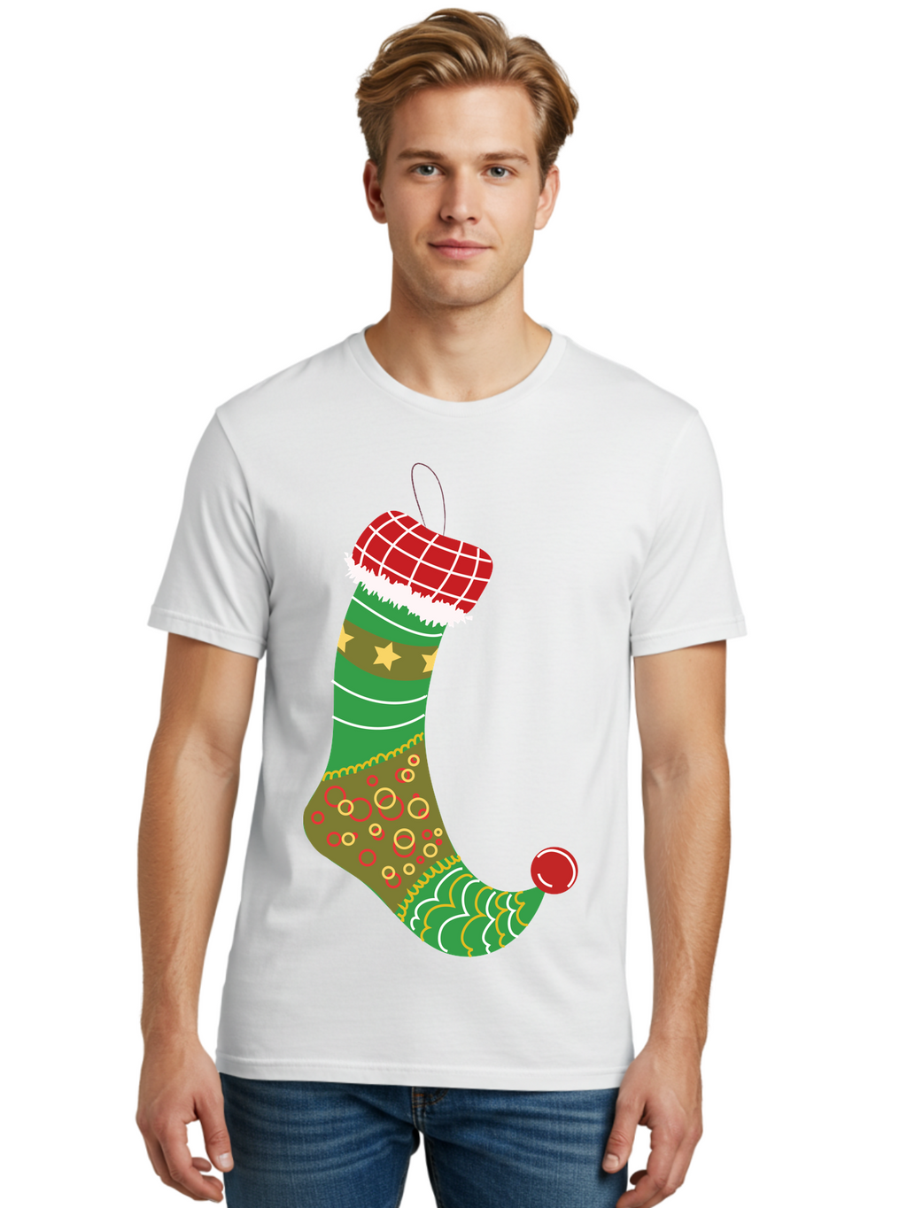 Christmas-Stocking-1 Men'S Graphic Tee, 100% Cotton, Comfortable Casual Summer Wear, Machine Washable, Christmas Stocking, Holiday Decoration, Festive Colors, Red And Green Stripes, Gold Stars, Hanging Ornament, Holly Jolly, Santa Claus, Aac585