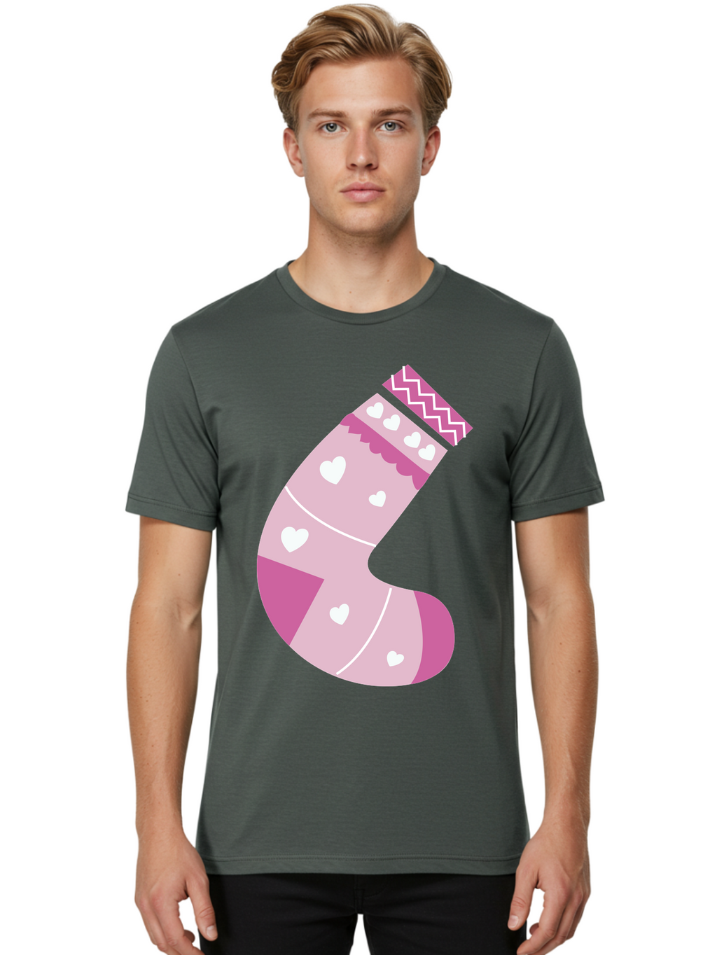 Christmas-Stocking-2 Men'S Graphic Tee, 100% Cotton, Comfortable Casual Summer Wear, Machine Washable, Christmas Stocking, Pink And White Colors, Heart Patterns, Festive Design, Holiday Decor, Christmas Theme, Seasonal Illustration Aac586