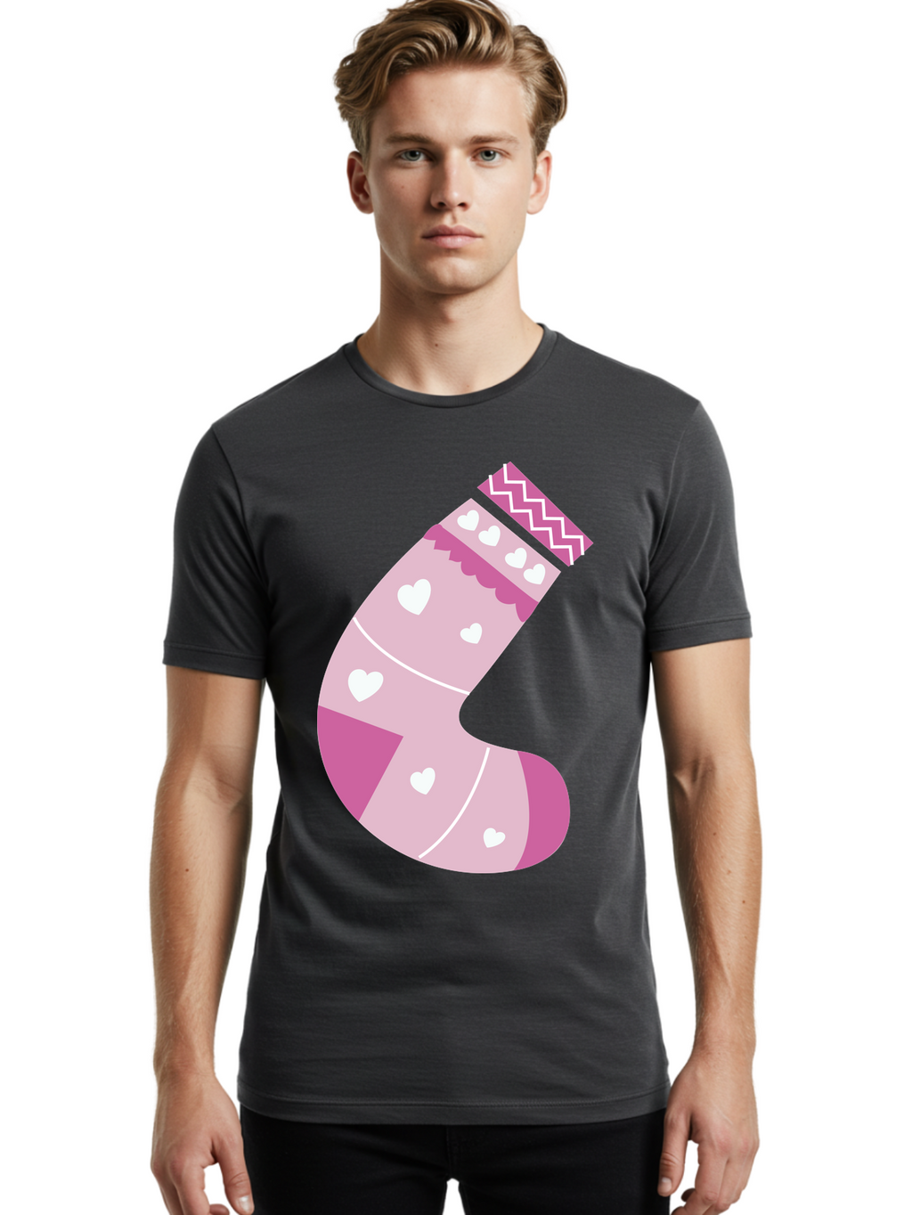 Christmas-Stocking-2 Men'S Graphic Tee, 100% Cotton, Comfortable Casual Summer Wear, Machine Washable, Christmas Stocking, Pink And White Colors, Heart Patterns, Festive Design, Holiday Decor, Christmas Theme, Seasonal Illustration Aac586