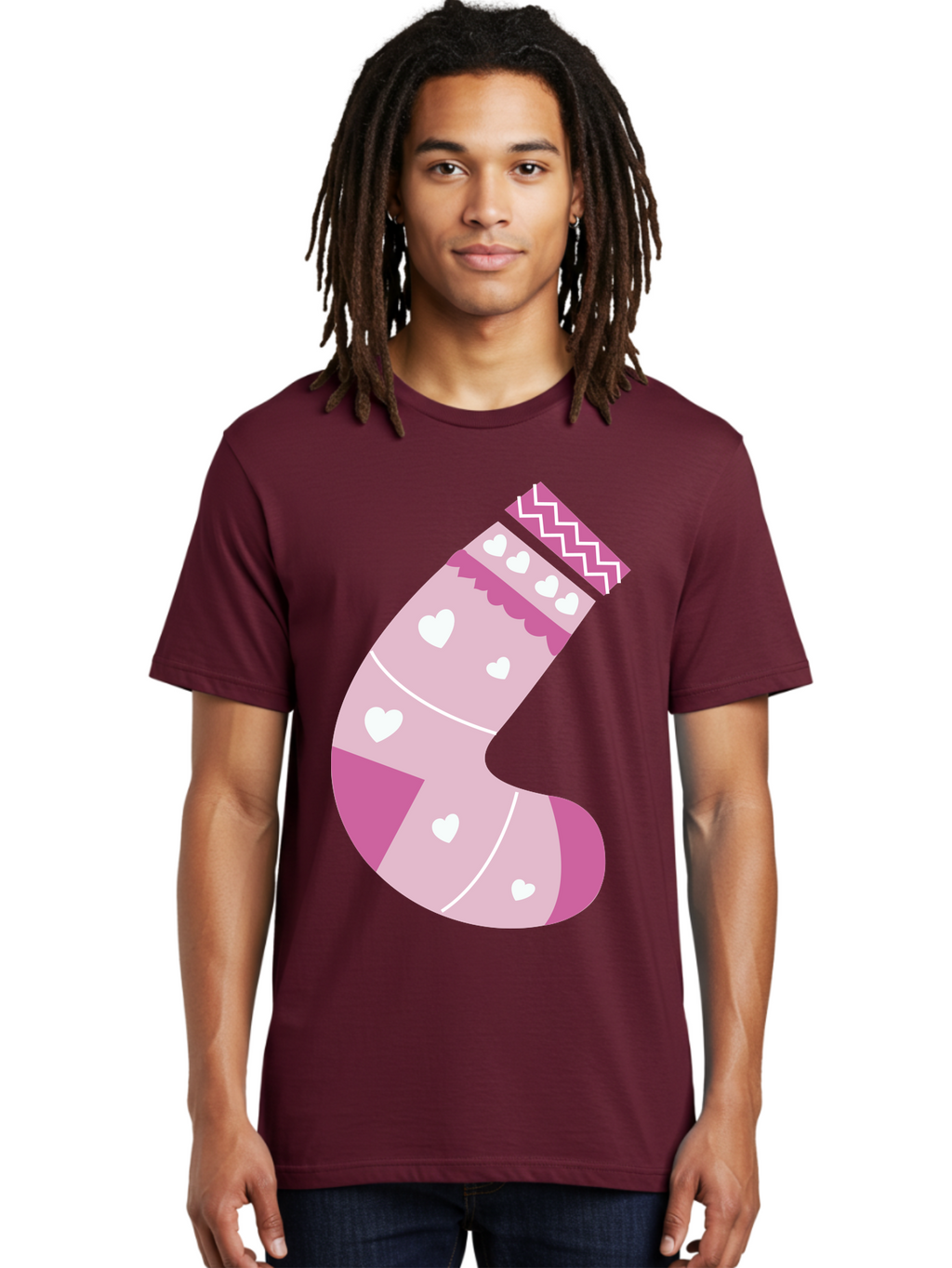 Christmas-Stocking-2 Men'S Graphic Tee, 100% Cotton, Comfortable Casual Summer Wear, Machine Washable, Christmas Stocking, Pink And White Colors, Heart Patterns, Festive Design, Holiday Decor, Christmas Theme, Seasonal Illustration Aac586