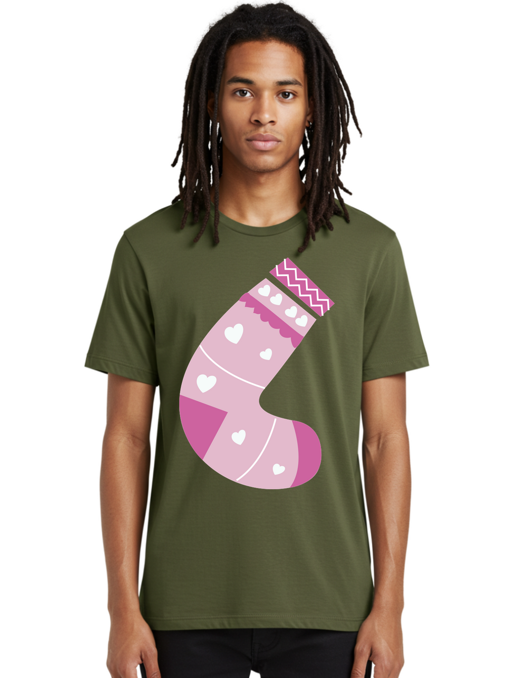 Christmas-Stocking-2 Men'S Graphic Tee, 100% Cotton, Comfortable Casual Summer Wear, Machine Washable, Christmas Stocking, Pink And White Colors, Heart Patterns, Festive Design, Holiday Decor, Christmas Theme, Seasonal Illustration Aac586