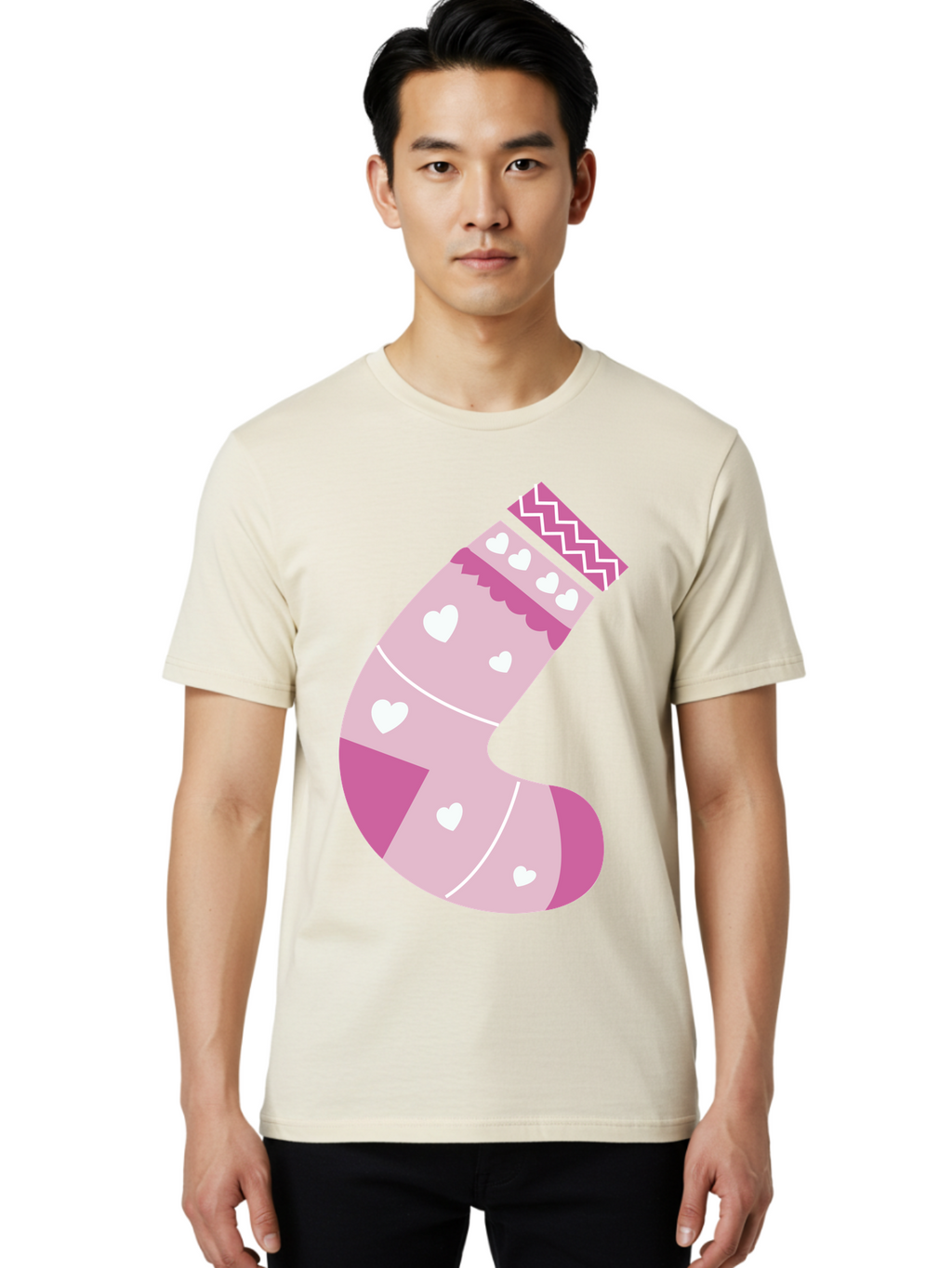 Christmas-Stocking-2 Men'S Graphic Tee, 100% Cotton, Comfortable Casual Summer Wear, Machine Washable, Christmas Stocking, Pink And White Colors, Heart Patterns, Festive Design, Holiday Decor, Christmas Theme, Seasonal Illustration Aac586