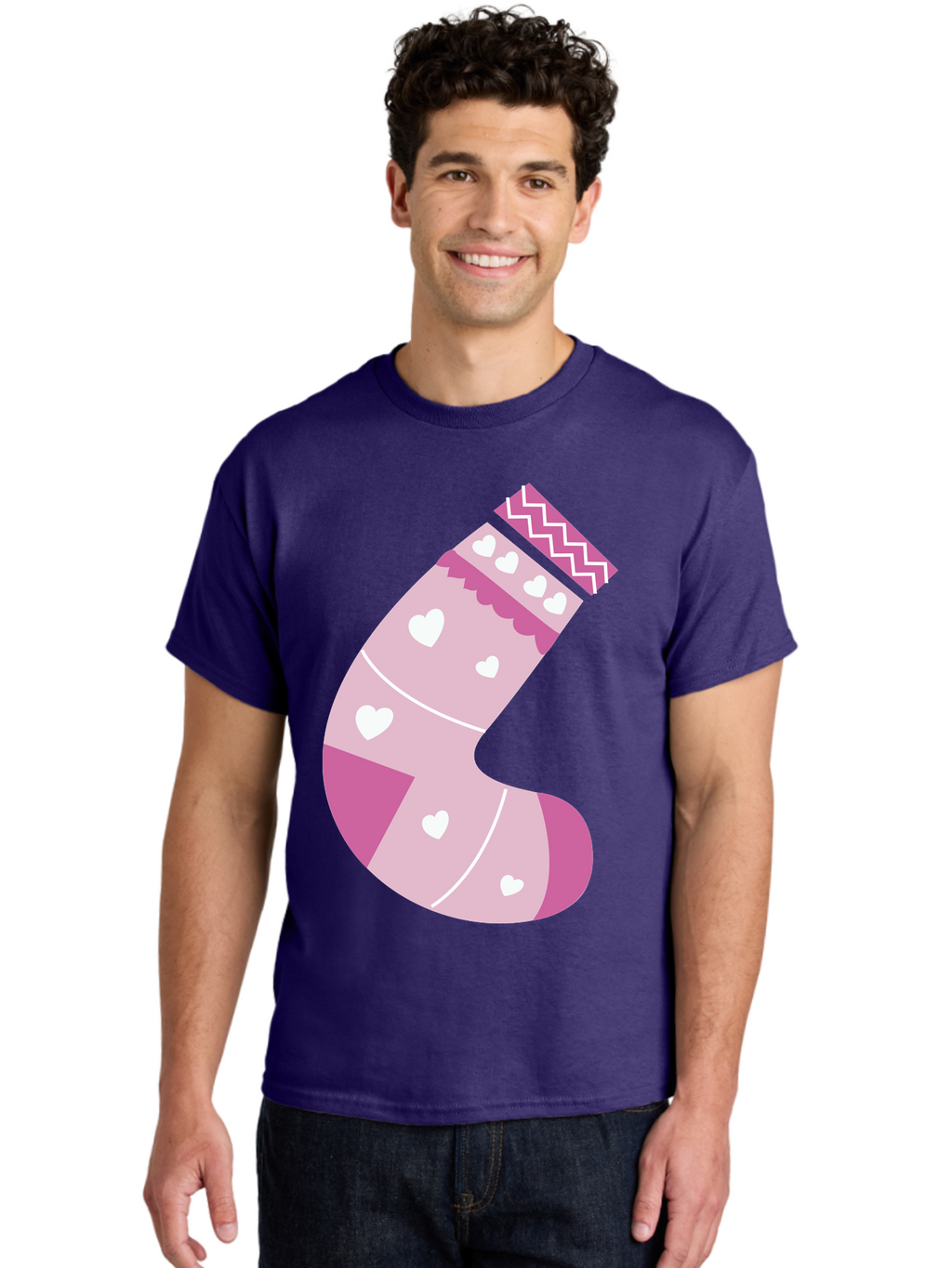 Christmas-Stocking-2 Men'S Graphic Tee, 100% Cotton, Comfortable Casual Summer Wear, Machine Washable, Christmas Stocking, Pink And White Colors, Heart Patterns, Festive Design, Holiday Decor, Christmas Theme, Seasonal Illustration Aac586