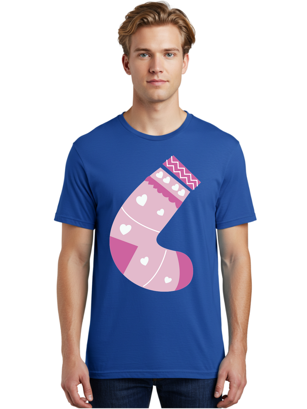 Christmas-Stocking-2 Men'S Graphic Tee, 100% Cotton, Comfortable Casual Summer Wear, Machine Washable, Christmas Stocking, Pink And White Colors, Heart Patterns, Festive Design, Holiday Decor, Christmas Theme, Seasonal Illustration Aac586