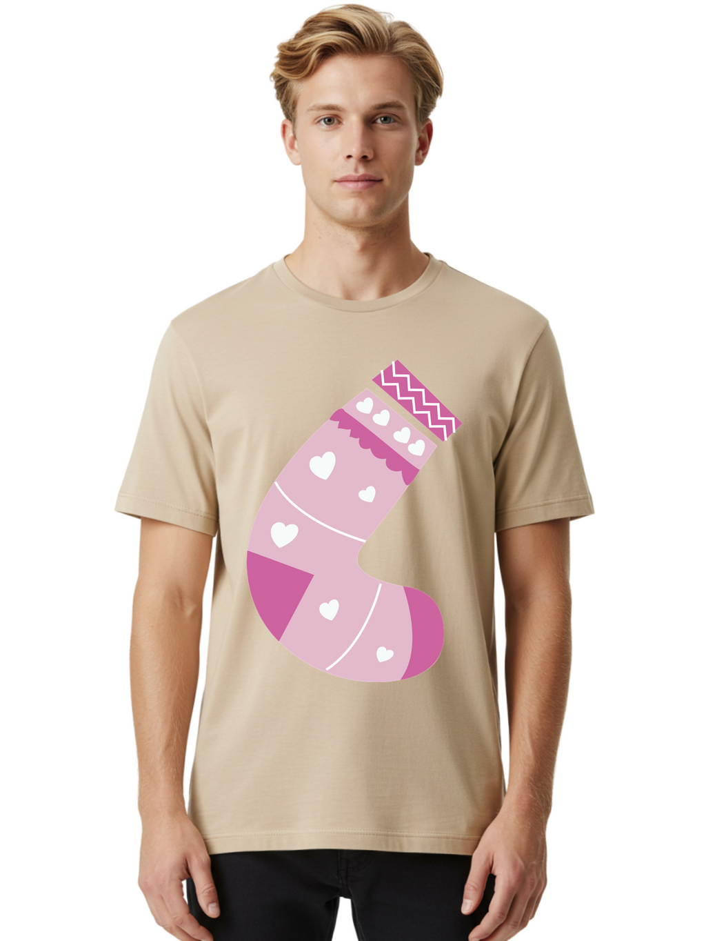 Christmas-Stocking-2 Men'S Graphic Tee, 100% Cotton, Comfortable Casual Summer Wear, Machine Washable, Christmas Stocking, Pink And White Colors, Heart Patterns, Festive Design, Holiday Decor, Christmas Theme, Seasonal Illustration Aac586