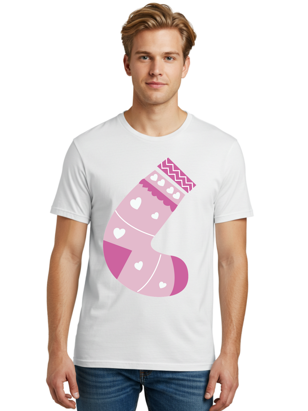 Christmas-Stocking-2 Men'S Graphic Tee, 100% Cotton, Comfortable Casual Summer Wear, Machine Washable, Christmas Stocking, Pink And White Colors, Heart Patterns, Festive Design, Holiday Decor, Christmas Theme, Seasonal Illustration Aac586