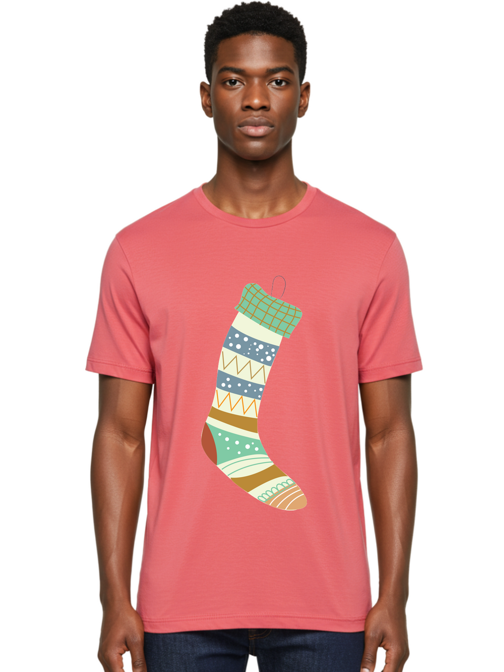 Christmas-Stocking Men'S Graphic Tee, 100% Cotton, Comfortable Casual Summer Wear, Machine Washable, Christmas Stocking, Holiday Decor, Festive Patterns, Stripes, Polka Dots, Chevron Design, Hanging Ornament, Seasonal Decoration, Aac587