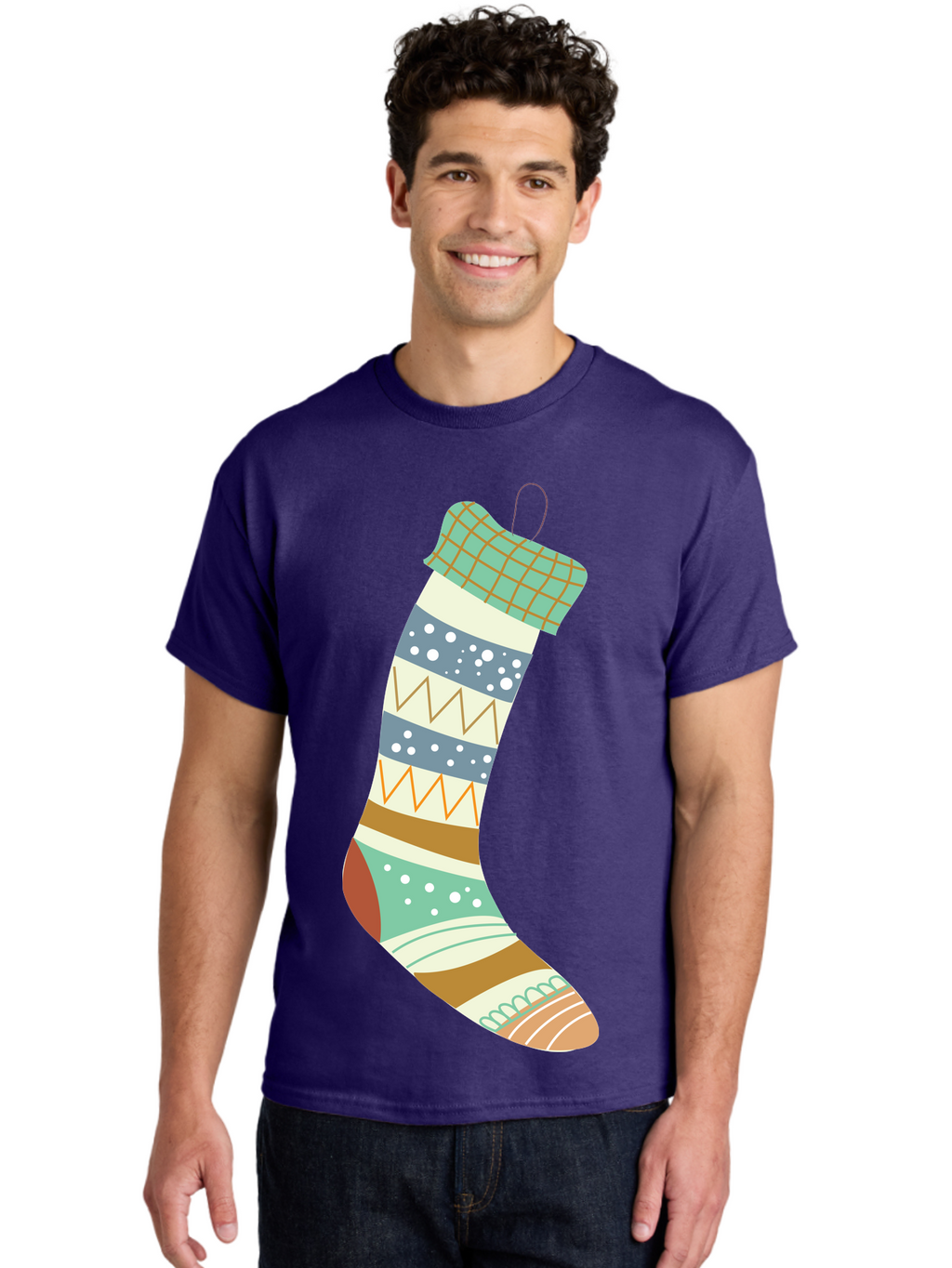 Christmas-Stocking Men'S Graphic Tee, 100% Cotton, Comfortable Casual Summer Wear, Machine Washable, Christmas Stocking, Holiday Decor, Festive Patterns, Stripes, Polka Dots, Chevron Design, Hanging Ornament, Seasonal Decoration, Aac587