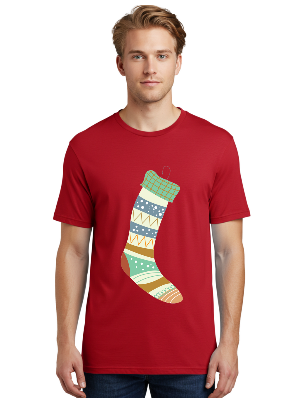 Christmas-Stocking Men'S Graphic Tee, 100% Cotton, Comfortable Casual Summer Wear, Machine Washable, Christmas Stocking, Holiday Decor, Festive Patterns, Stripes, Polka Dots, Chevron Design, Hanging Ornament, Seasonal Decoration, Aac587