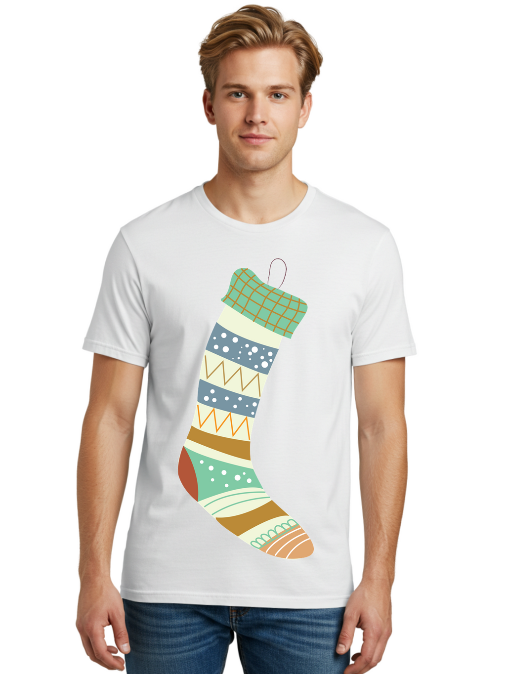 Christmas-Stocking Men'S Graphic Tee, 100% Cotton, Comfortable Casual Summer Wear, Machine Washable, Christmas Stocking, Holiday Decor, Festive Patterns, Stripes, Polka Dots, Chevron Design, Hanging Ornament, Seasonal Decoration, Aac587