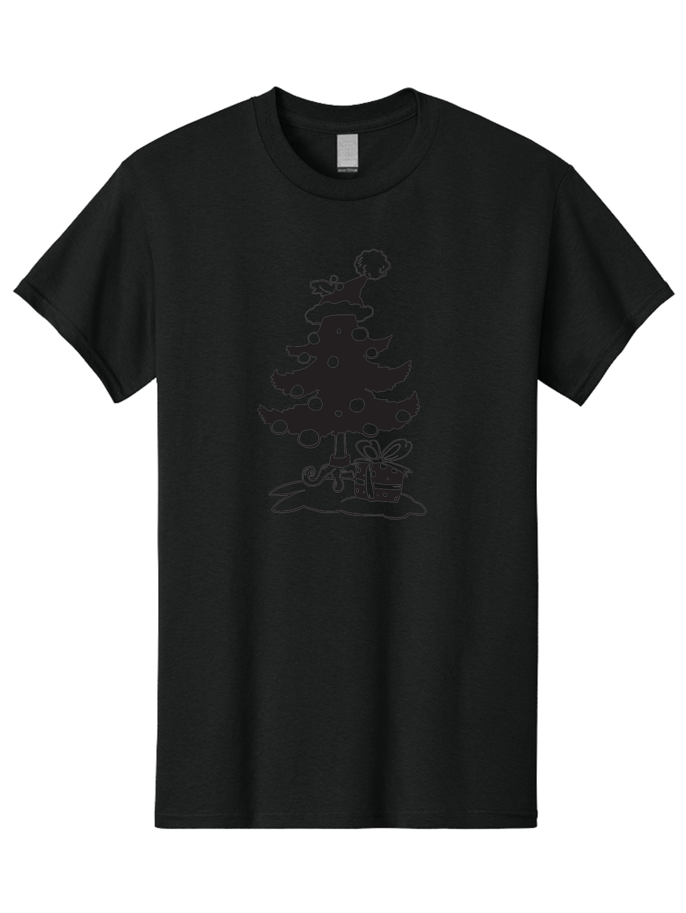 Christmas-Tree-1 Men'S Graphic Tee, 100% Cotton, Comfortable Casual Summer Wear, Machine Washable, Christmas Tree Silhouette, Decorated Tree, Angel On Top, Christmas Ornaments, Gift Box, Ribbon, Festive, Holiday, Christmas Decoration, Aac588