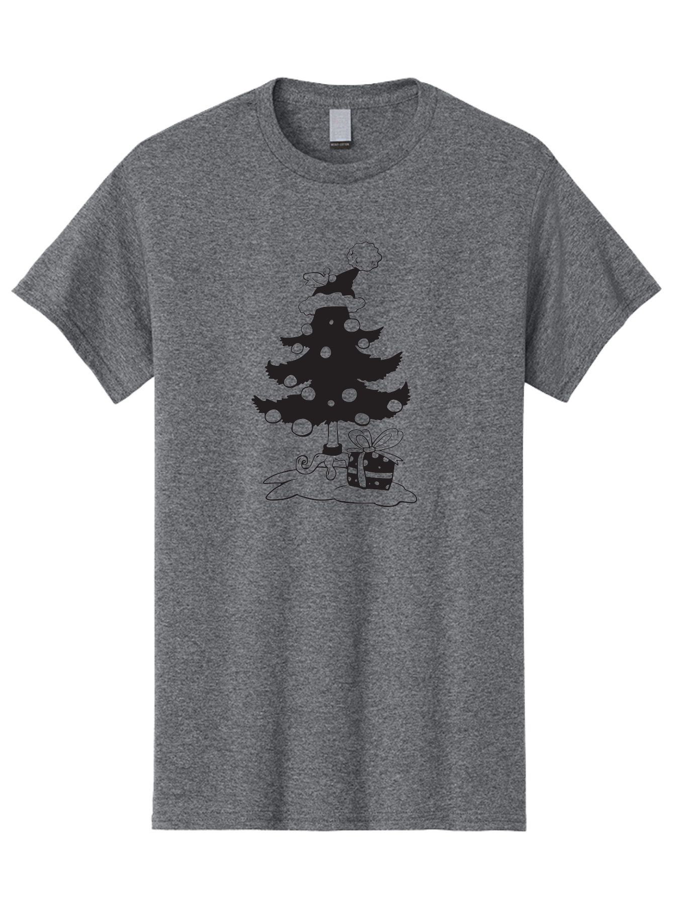 Christmas-Tree-1 Men'S Graphic Tee, 100% Cotton, Comfortable Casual Summer Wear, Machine Washable, Christmas Tree Silhouette, Decorated Tree, Angel On Top, Christmas Ornaments, Gift Box, Ribbon, Festive, Holiday, Christmas Decoration, Aac588
