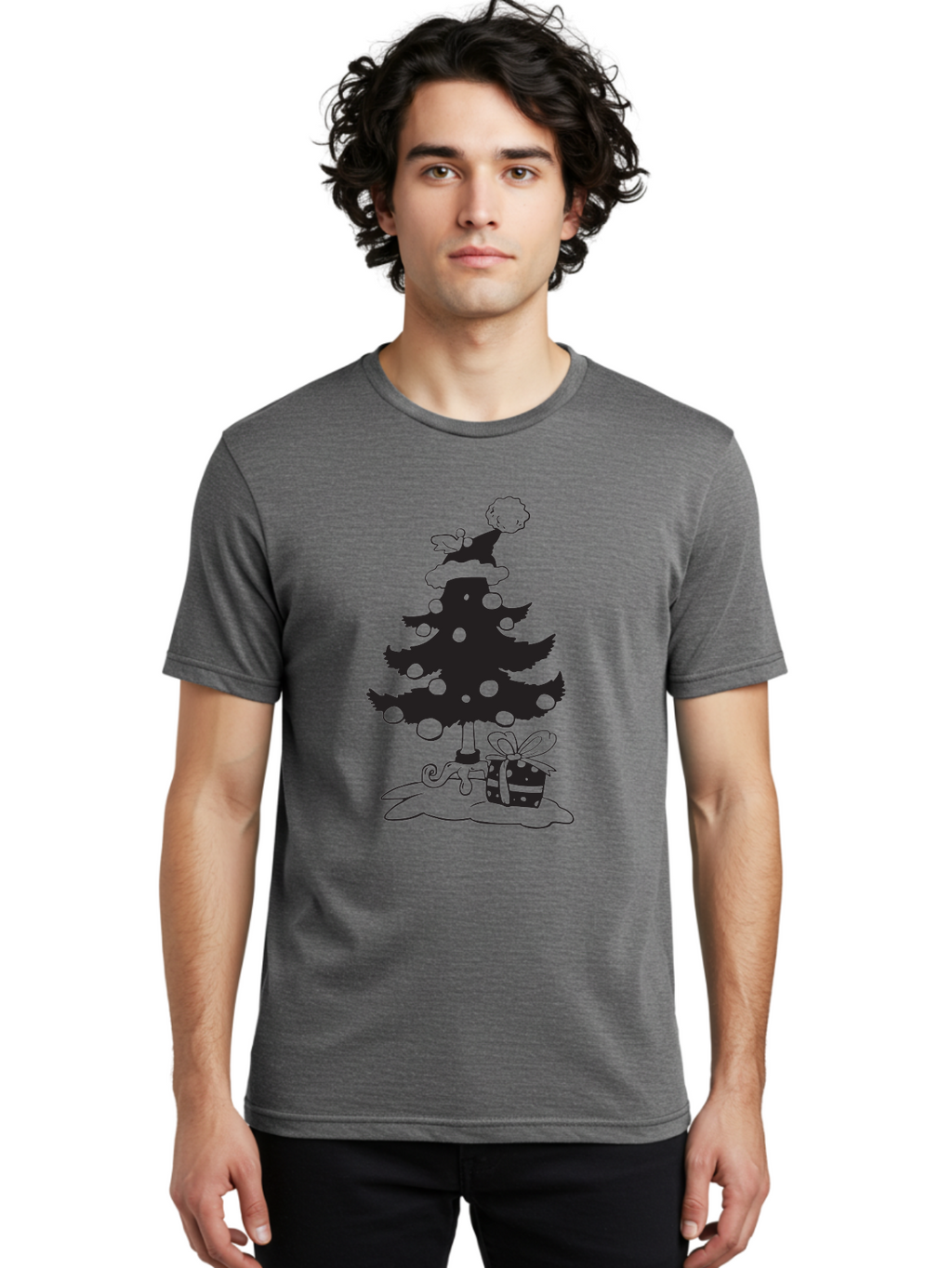 Christmas-Tree-1 Men'S Graphic Tee, 100% Cotton, Comfortable Casual Summer Wear, Machine Washable, Christmas Tree Silhouette, Decorated Tree, Angel On Top, Christmas Ornaments, Gift Box, Ribbon, Festive, Holiday, Christmas Decoration, Aac588