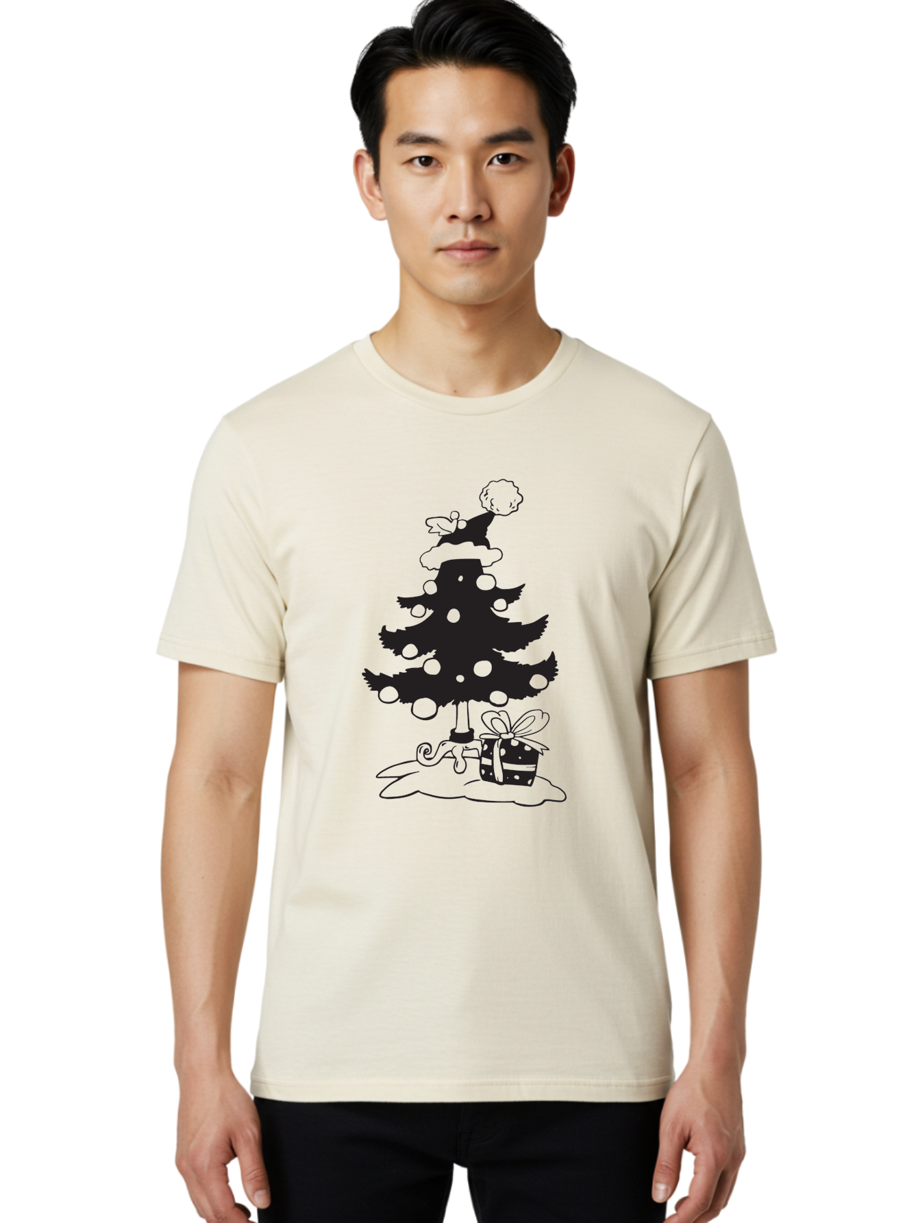 Christmas-Tree-1 Men'S Graphic Tee, 100% Cotton, Comfortable Casual Summer Wear, Machine Washable, Christmas Tree Silhouette, Decorated Tree, Angel On Top, Christmas Ornaments, Gift Box, Ribbon, Festive, Holiday, Christmas Decoration, Aac588